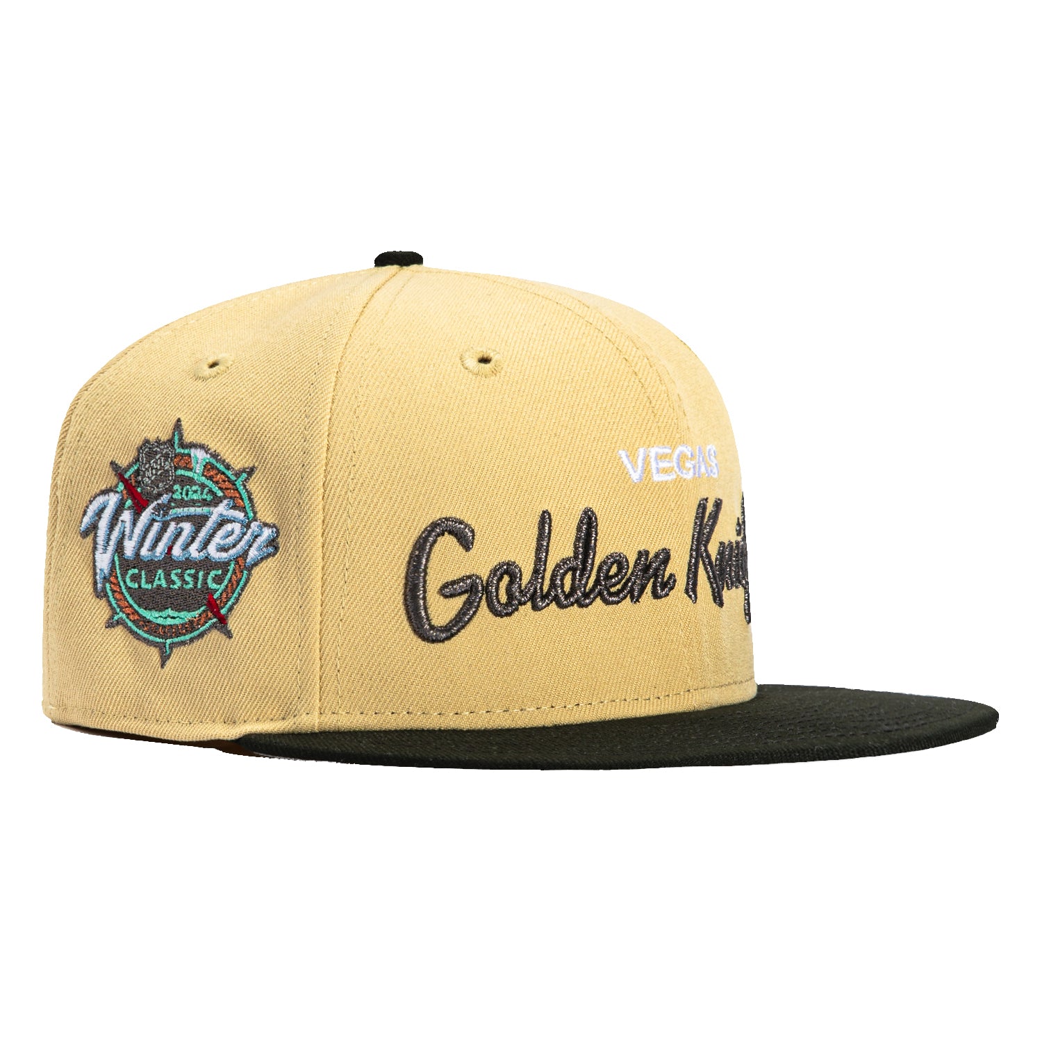 New Era 59Fifty Vegas Golden Knights 2024 Winter Classic Patch Script Hat - Tan & Black NHL Hockey Cap for Men & Women - Perfect for Games, Tailgating & Fan Collections
