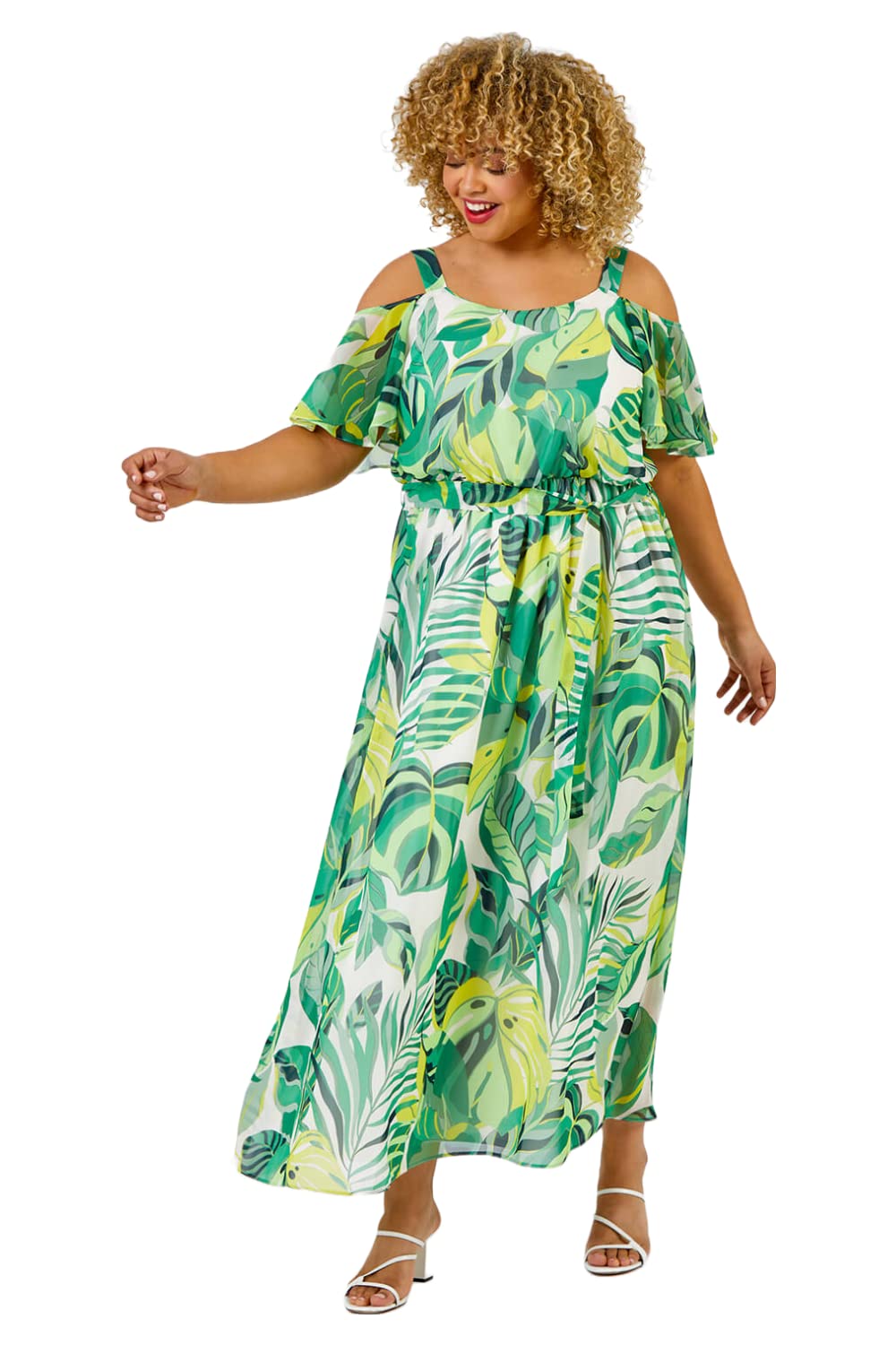 Roman Originals Women's Cold Shoulder Chiffon Floral Maxi Dress - Elegant Summer Beach Wedding Party Wear