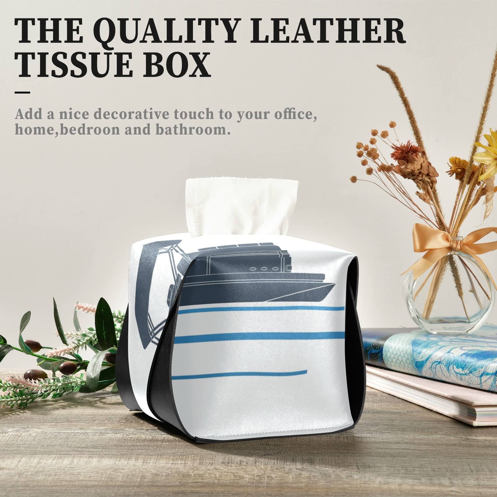 Editable Side View Flat Style Pontoon Boat Leather Tissue Box Cover - 5.7x5.7x5.7 Inch White Rectangle with Handle for Bathroom, Home, Nightstand, Vanity, Office Desk & Car - Perfect for Coastal Decor, Nautical Themed Rooms & Marine Enthusiasts