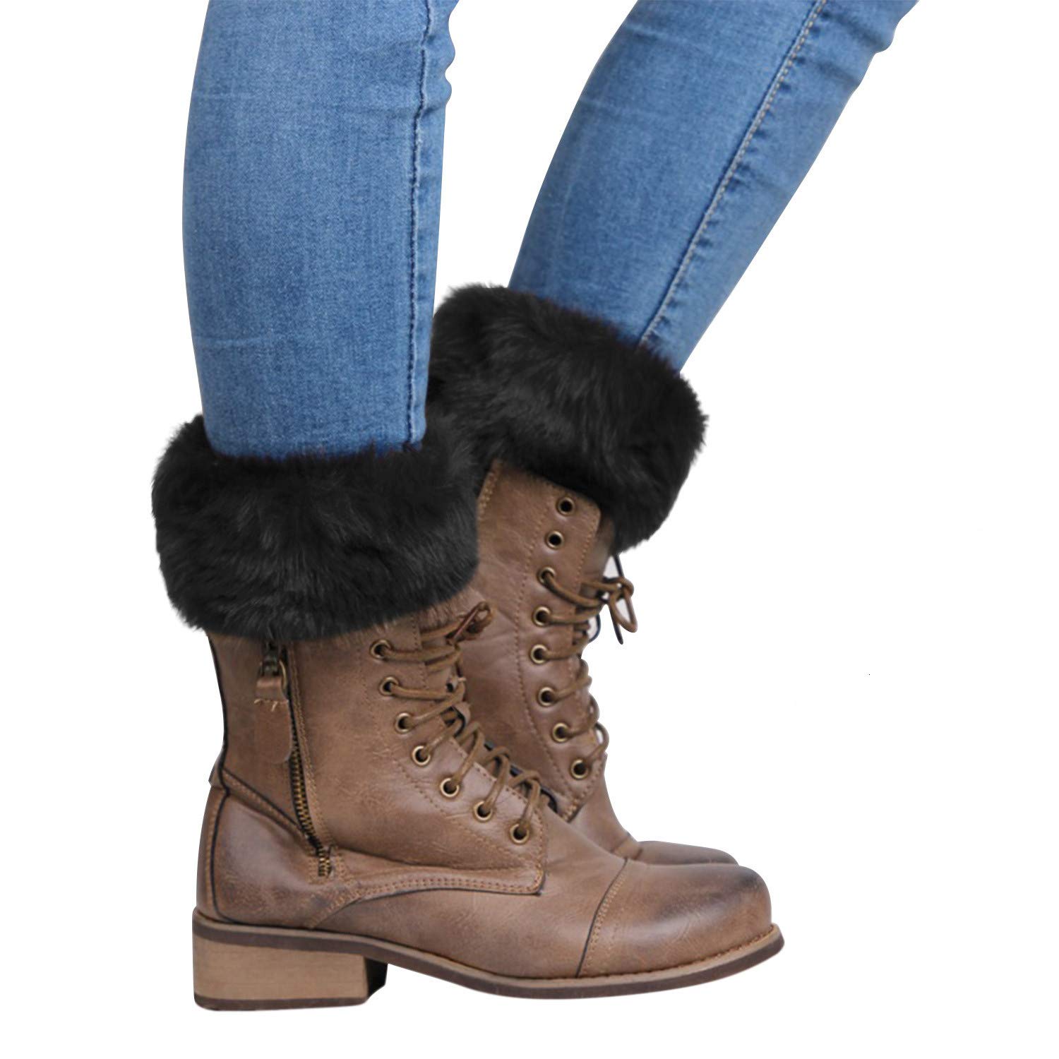 Women's Knitted Boot Cuffs with Faux Fur Trim - Winter Leg Warmers & Boot Toppers for Short Boots - Cozy Crochet Sleeve Covers for Cold Weather Fashion & Outdoor Activities