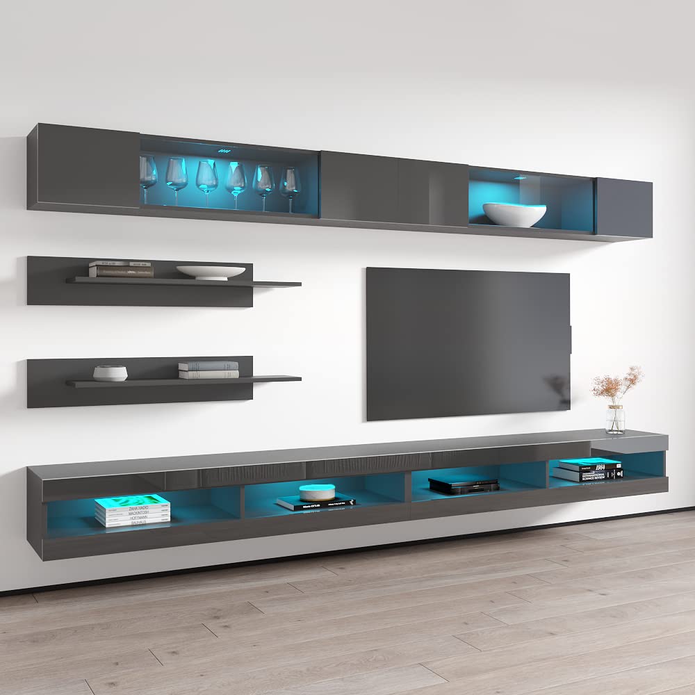 Modern Gray Wall-Mounted TV Stand with Storage Shelves & LED Lights - Floating Entertainment Center Console for Living Room & Bedroom - Perfect for Small Spaces & Home Theater Setup - Meble Furniture Fly I3 34
