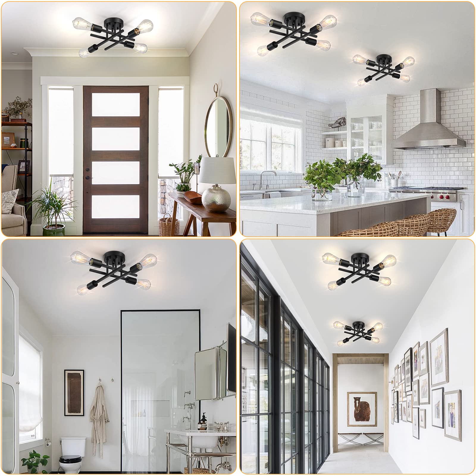 SunRider 2-Pack Industrial 4-Light Semi Flush Mount Ceiling Light Fixture, Matte Black Farmhouse Sputnik Chandelier - Modern Lighting for Kitchen, Hallway, Dining Room & Bedroom - Dimmable LED Compatible, Rustic Home Decor