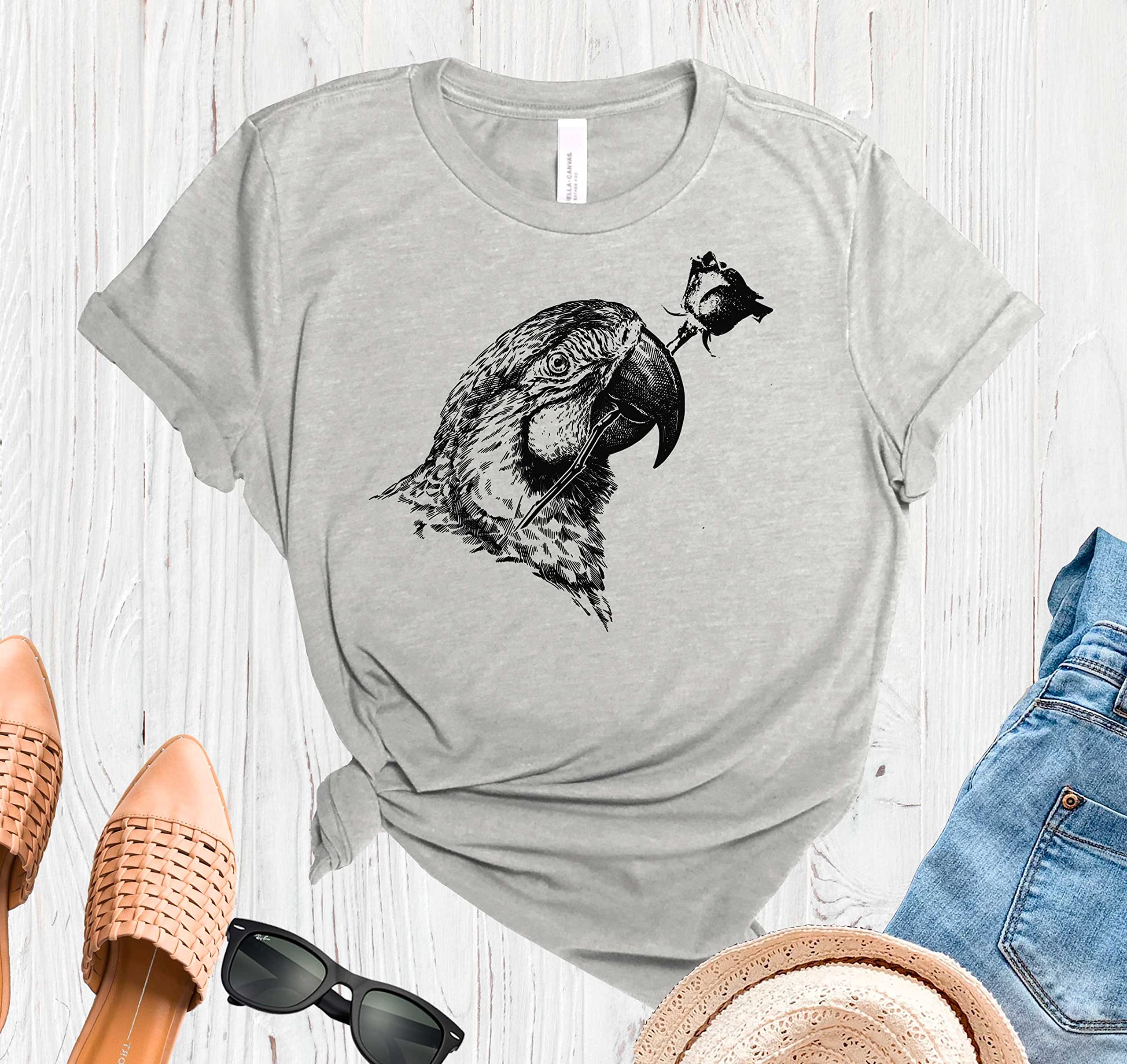 Unisex Parrot Love Bird Graphic Tee - Cute Rose Print T-Shirt for Valentine's Day | Funny Flower Shirt for Women & Men | Perfect Gift for Bird Lovers & Couples | Casual Wear, Date Night Outfit, Gift for Her/Him