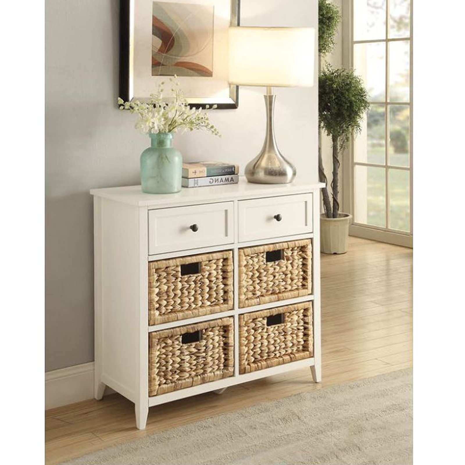 Wood Storage Cabinet with 2 Drawers & 4 Baskets - Entryway Organizer for Living Room & Dining Room
