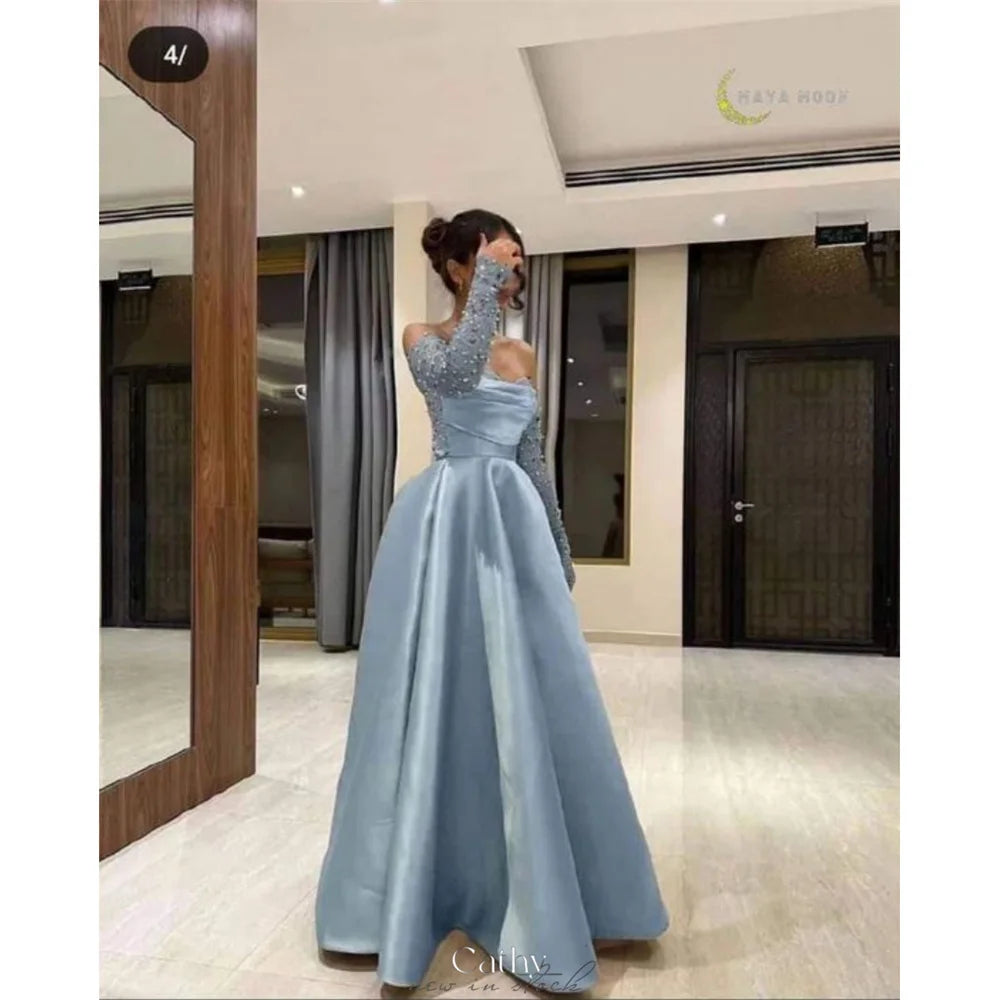 Elegant Blue Beaded Satin A-Line Evening Dress with Long Sleeves | Formal Gown for Prom, Wedding Guest & Cocktail Party | Perfect for Special Occasions & Night Out