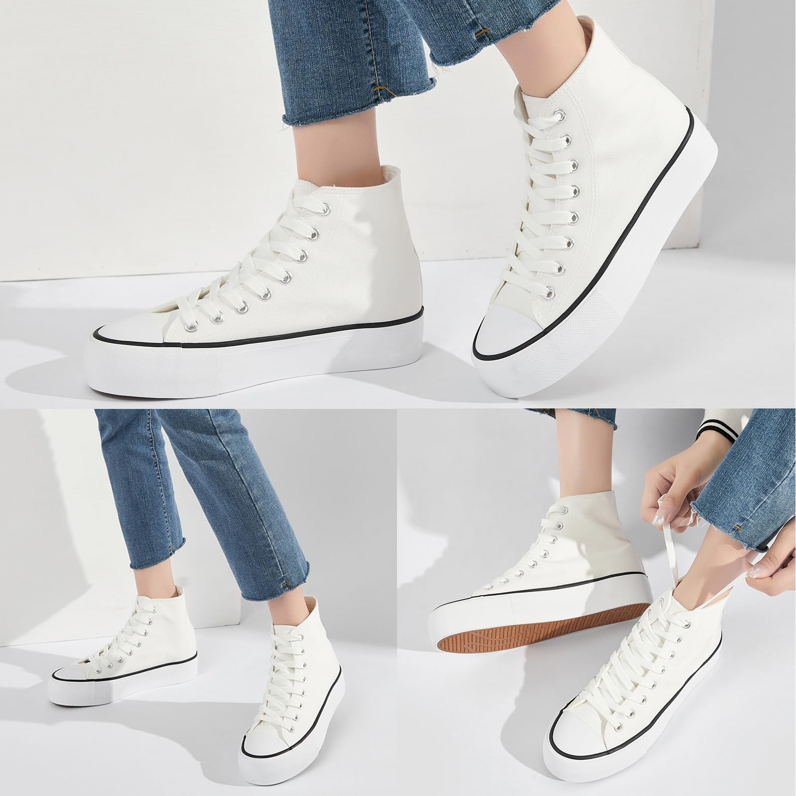 FRACORA Women's High Top Canvas Sneakers - White & Black Platform Lace-Up Shoes for Women | Casual Streetwear, Retro Fashion, Everyday Comfort