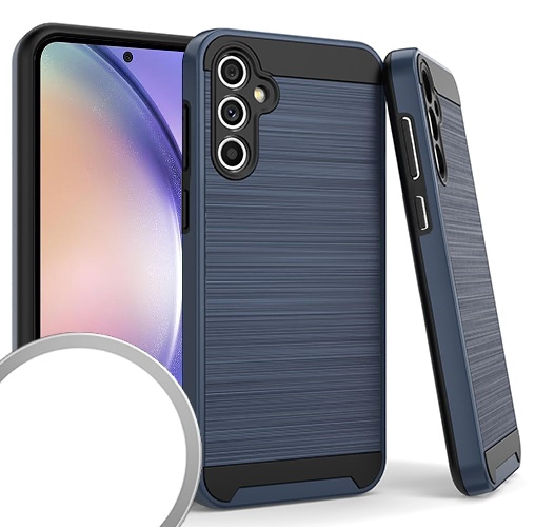 Samsung Galaxy A54 5G Case (SM-A546) - Hybrid Tempered Glass & Metal Brush Protective Cover with Bonus Stand (Blue) | Shockproof, Scratch Resistant | Perfect for Work, Travel & Daily Use