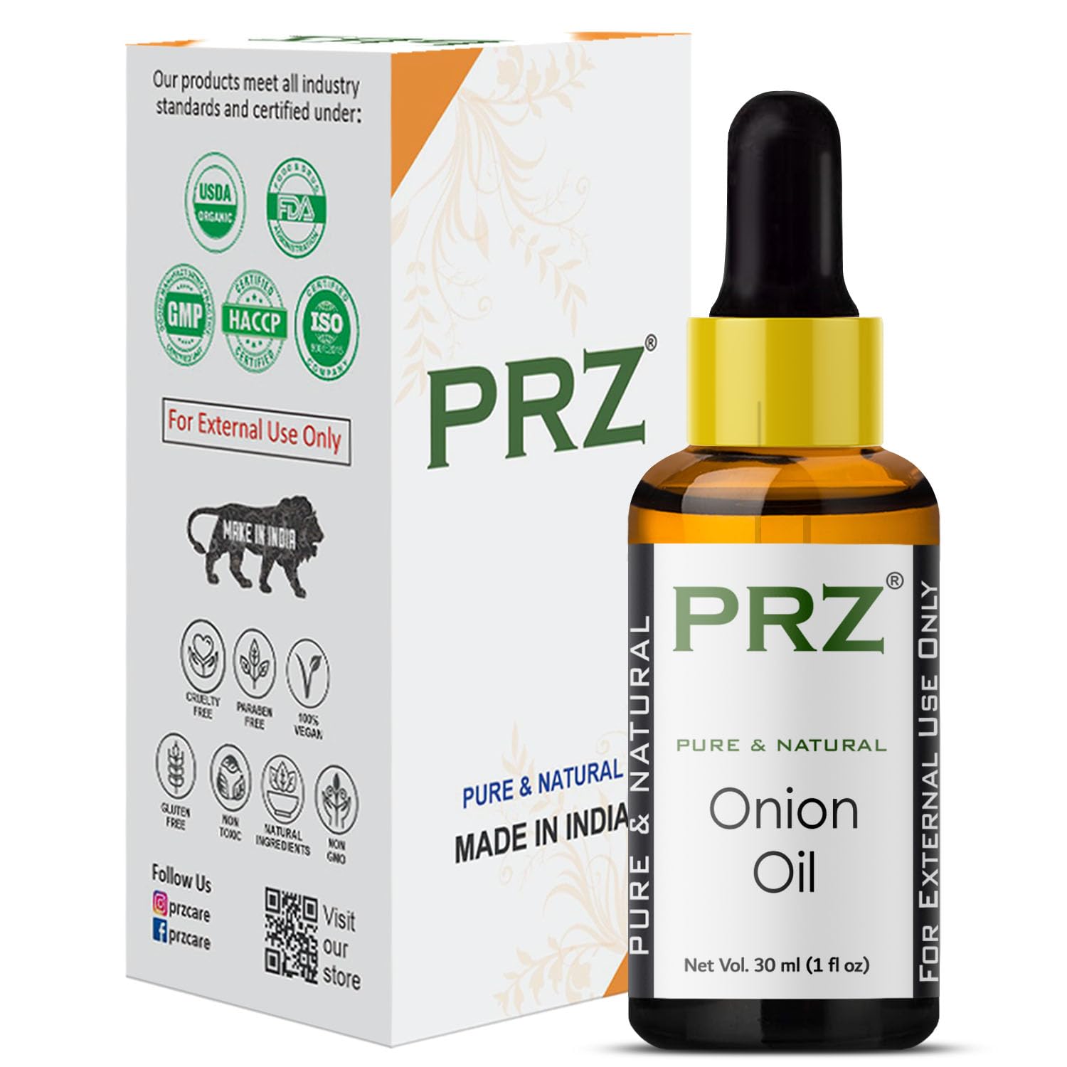 PRZ Cold Pressed Onion Oil - Pure Natural for Skin & Hair Care, 30ml - Aromatherapy & Massage