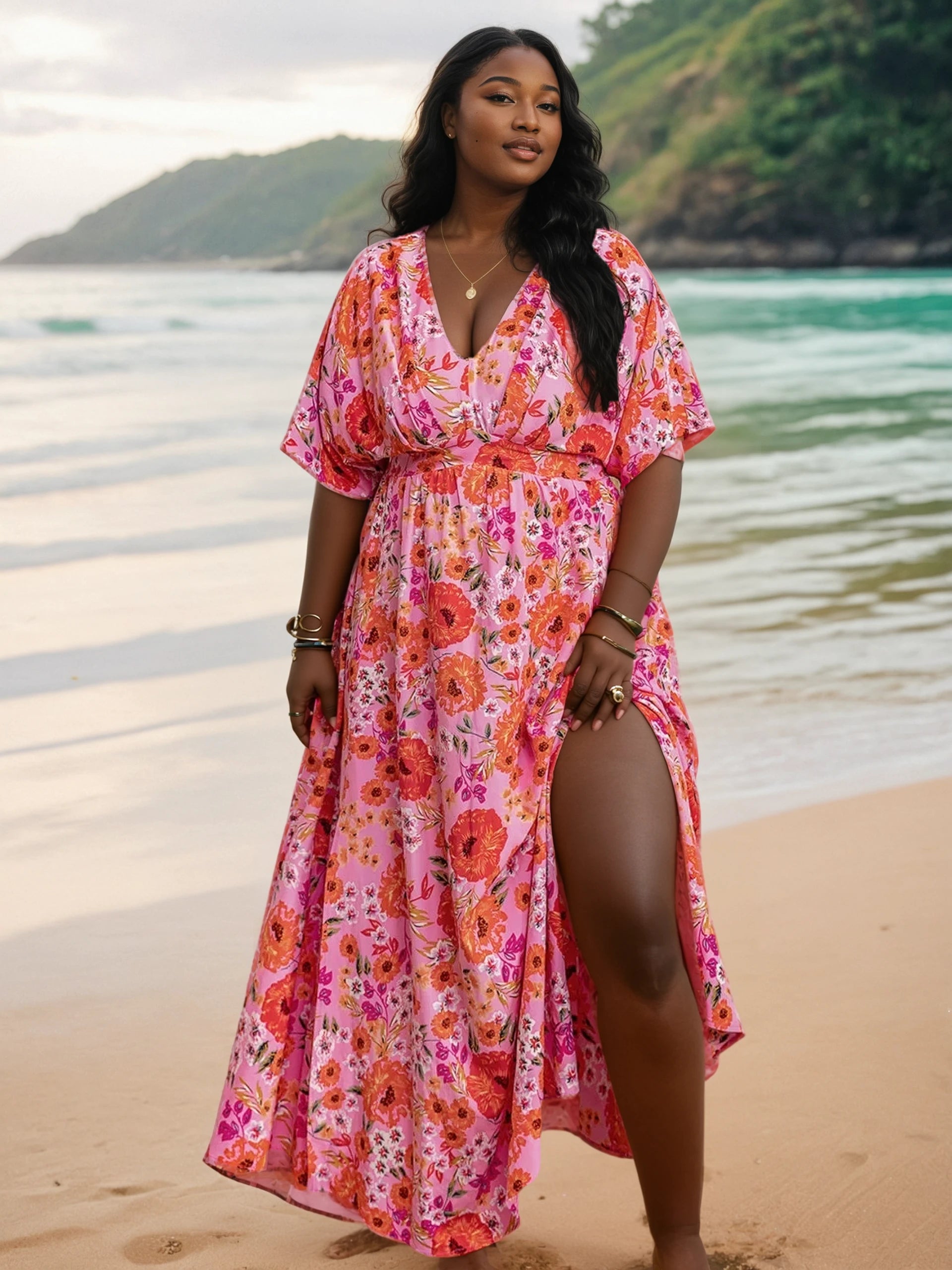 **Plus Size Slit Half Sleeve Maxi Dress for Women – Elegant Flowy Long Dress for Casual, Beach & Evening Wear**