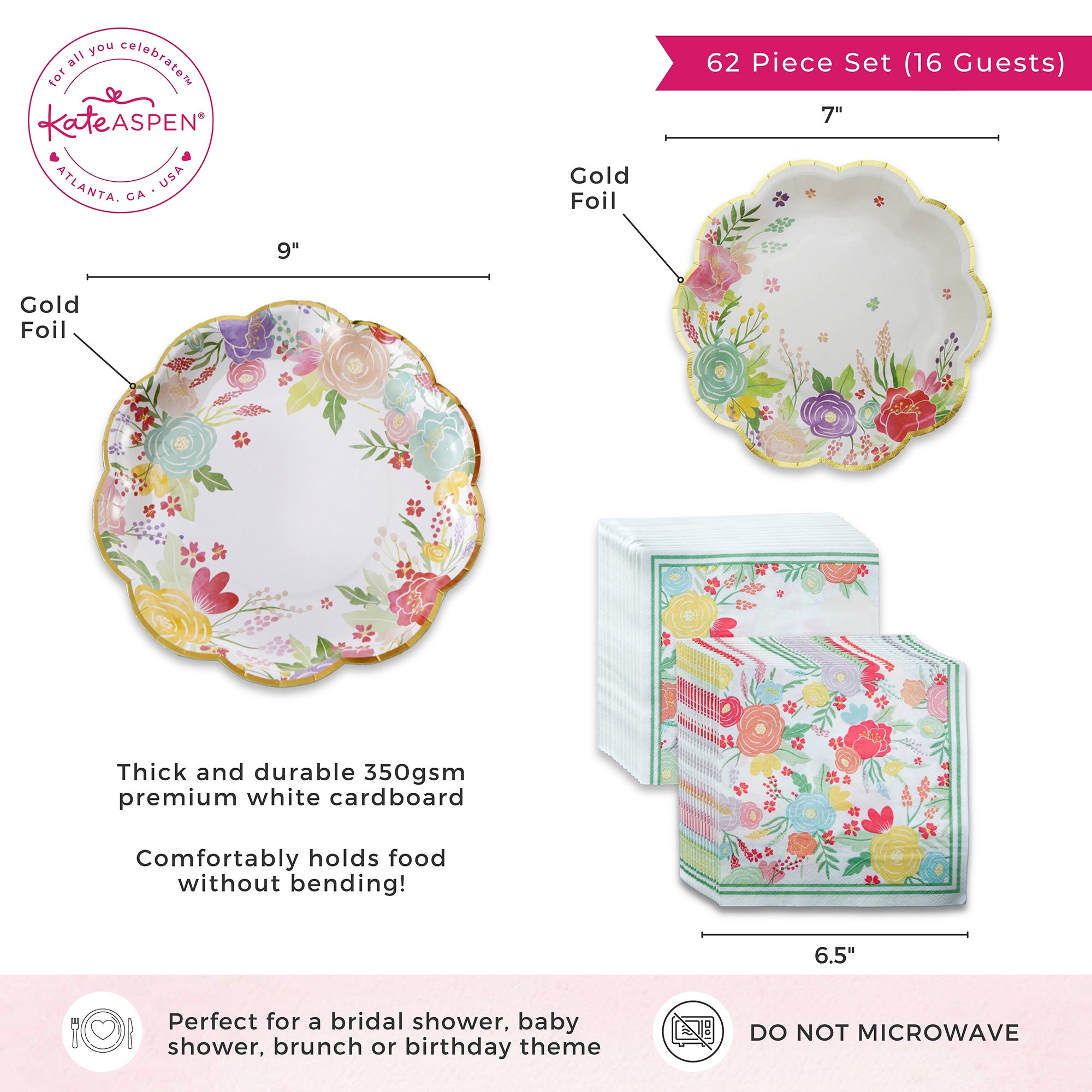Garden Blooms 62-Piece Party Tableware Set for 16 Guests - Elegant Disposable Plates, Cups & Cutlery for Outdoor Picnics, BBQs & Birthday Celebrations