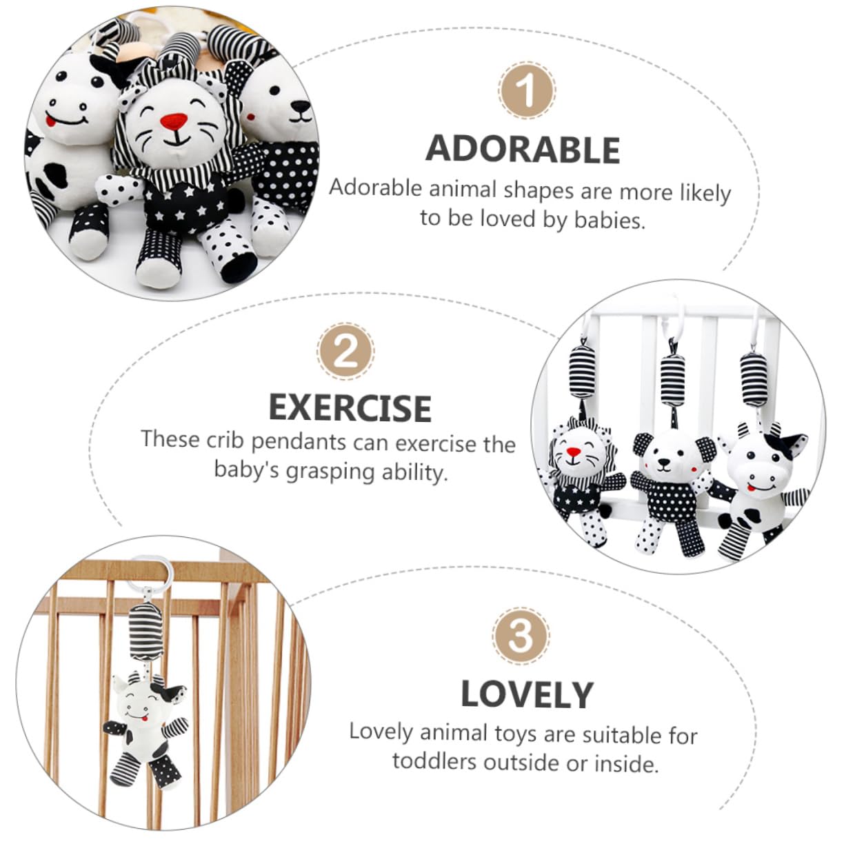 FAVOMOTO 6-Piece Rattle Bell Animal Stroller Toys - Hanging Car Seat & Stroller Accessories for Newborns - Soft PP Cotton White Baby Toys for Infants 0-6 Months - Perfect for Strollers, Car Seats & Playtime
