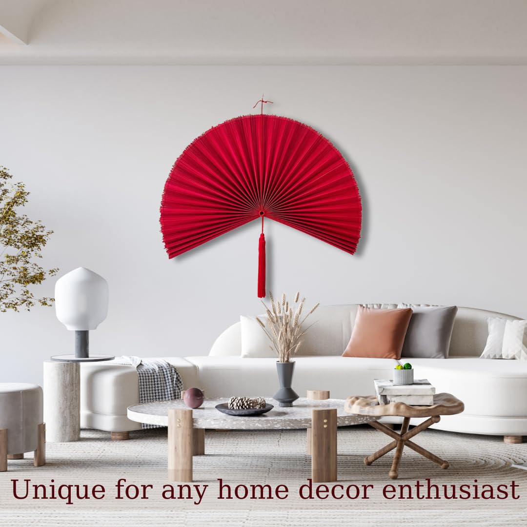 Large 60in Handmade Bamboo Wall Fan - Foldable Boho Decor for Bedroom, Over Bed Headboard & Living Room - Red Decorative Wall Fan for Home & Office Interior Design