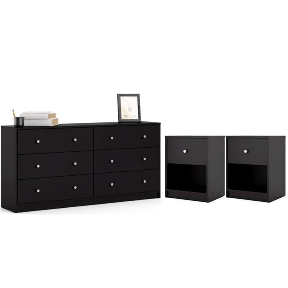 Home Square 3-Piece Black Bedroom Set - 6-Drawer Double Dresser & 2 Nightstands with 1 Drawer Each | Perfect for Master Bedrooms, Guest Rooms & Small Spaces