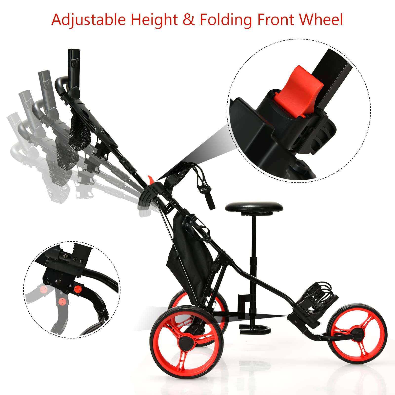 GYMAX 3-Wheel Golf Push Cart - Foldable Lightweight Golf Trolley with Adjustable Height, Umbrella Holder, Hydraulic Seat, Storage Bag & Cup Holder | Perfect for Golf Clubs, Courses & Outdoor Practice