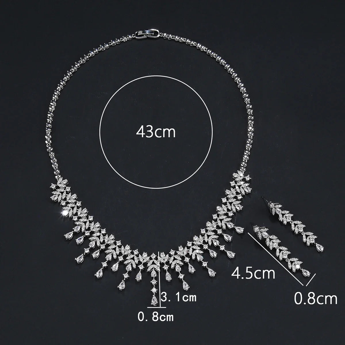 Elegant Leaf and Water Drops Necklace Earrings Set for Women - Luxury Bridal Jewelry Set with White Zirconia - Perfect for Weddings, Dubai Parties & Special Occasions - CN11203