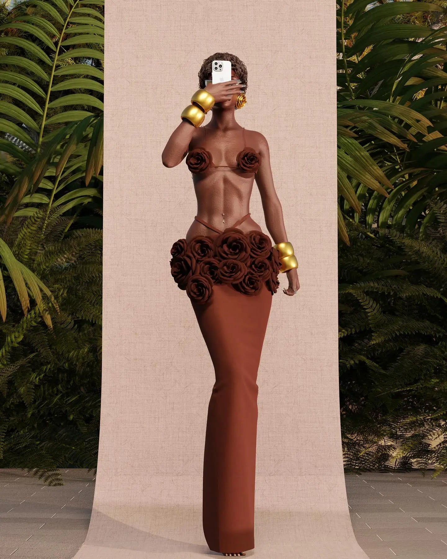 Sexy Brown Floral Bandage Tops for Women - 2 Piece Bodycon Long Dress Set for Nightclub, Party & Photo Shoot | Elegant Evening Wear & Special Occasion Outfit