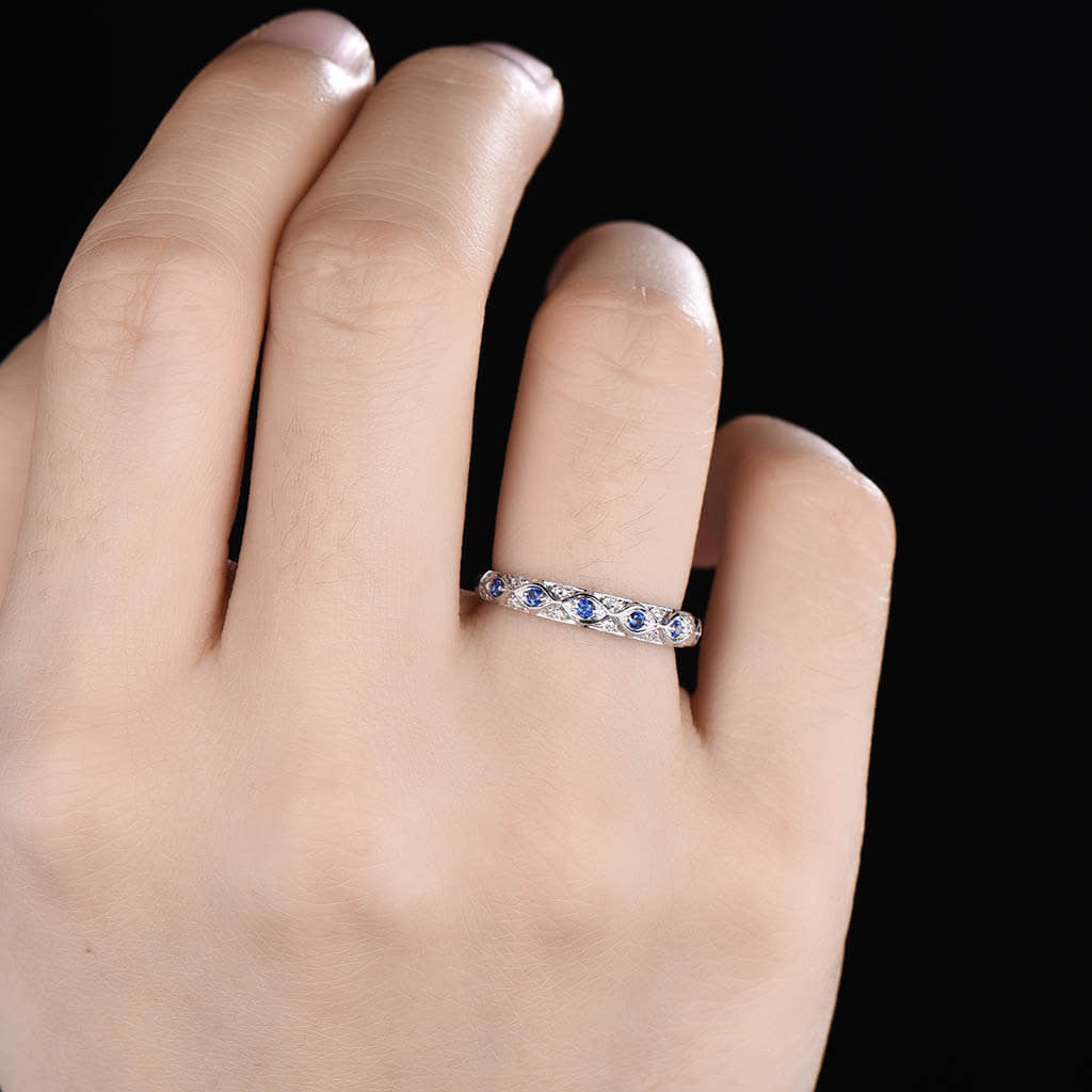 Vintage Sapphire and Diamond Wedding Band for Women - 14K White Gold Stackable Half Eternity Ring - Perfect for Bridal Jewelry, Anniversary Gifts & Stacking Rings Collection