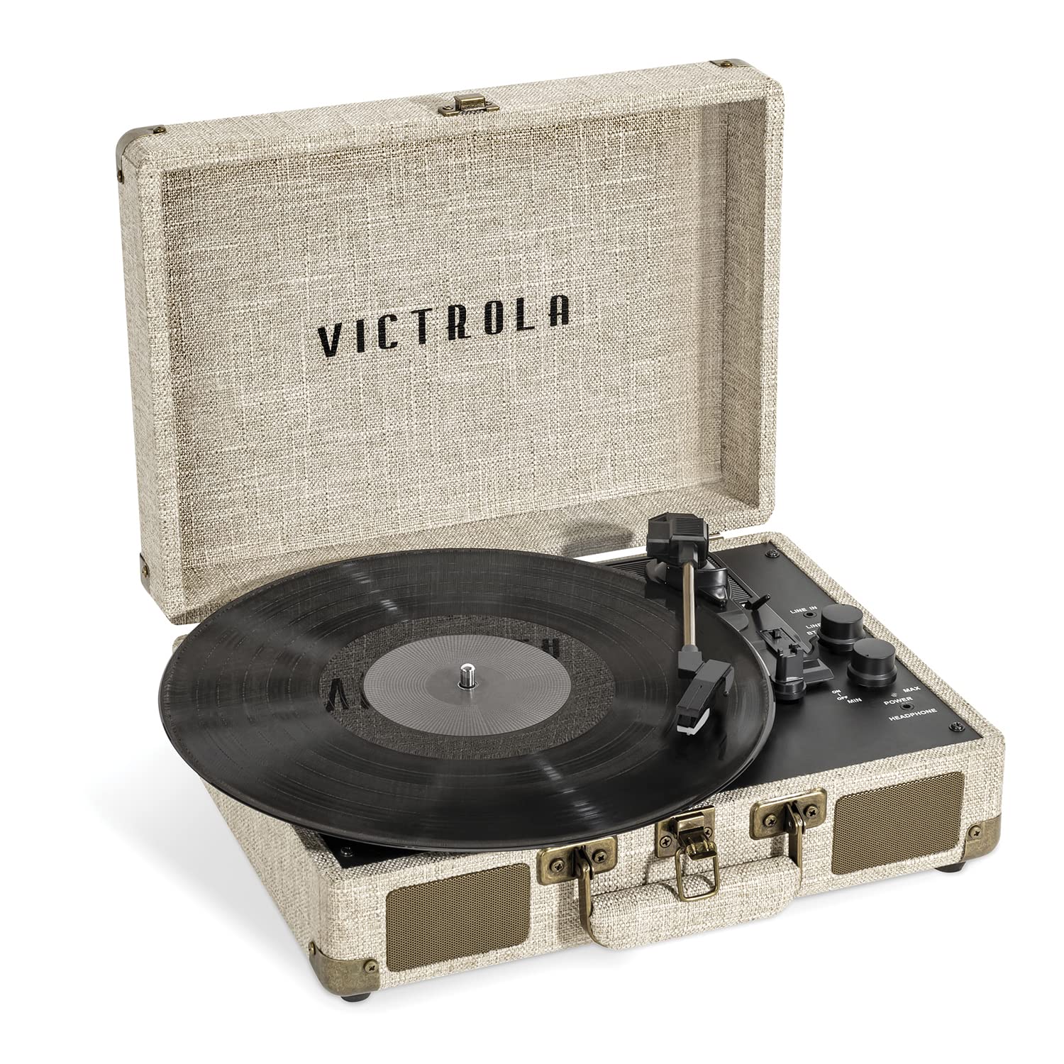 Victrola Journey+ Signature Turntable - 3-Speed Vinyl Record Player with Bluetooth, Built-in Speakers & RCA Output, Linen Finish in Cream - Perfect for Home, Office, and Travel Use