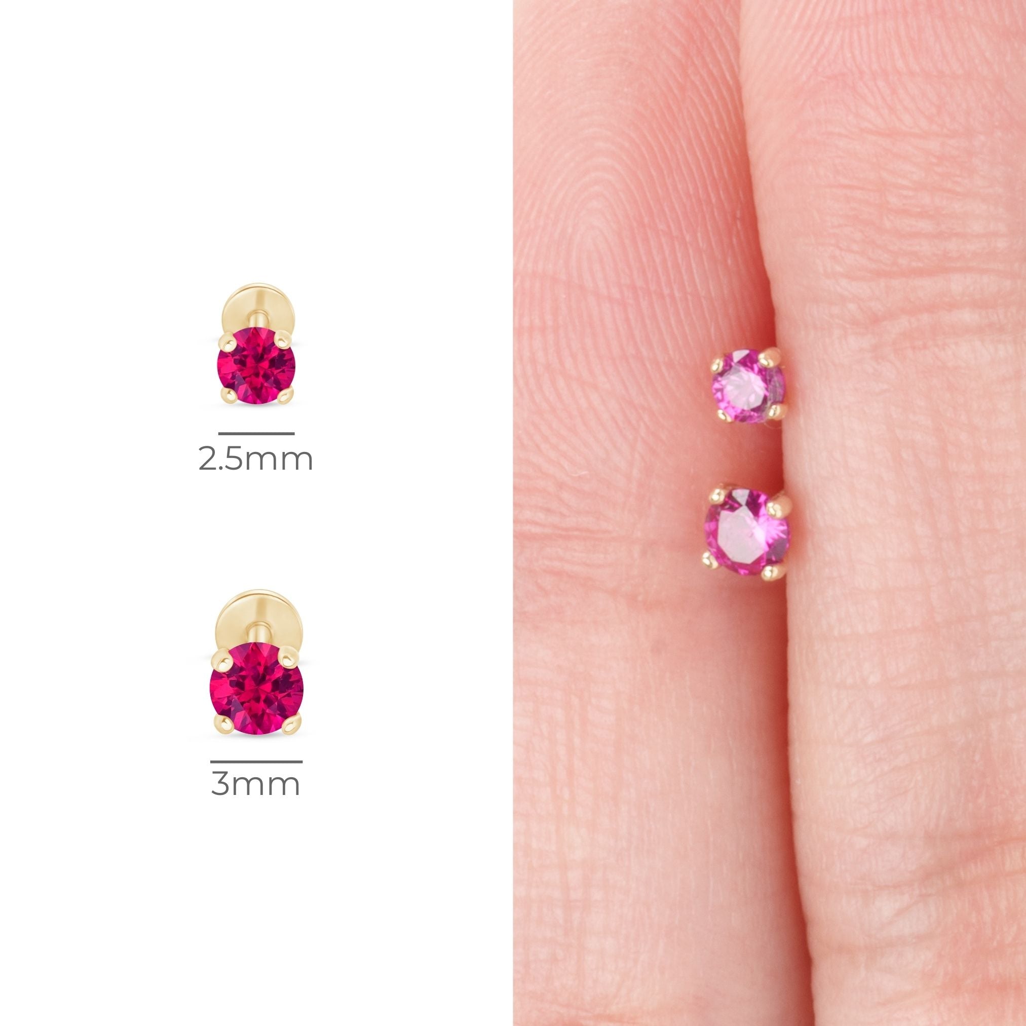 14K Solid Yellow Gold Ruby Cartilage Flat Back Stud Earrings - Perfect for Everyday Wear, Gifts & Special Occasions