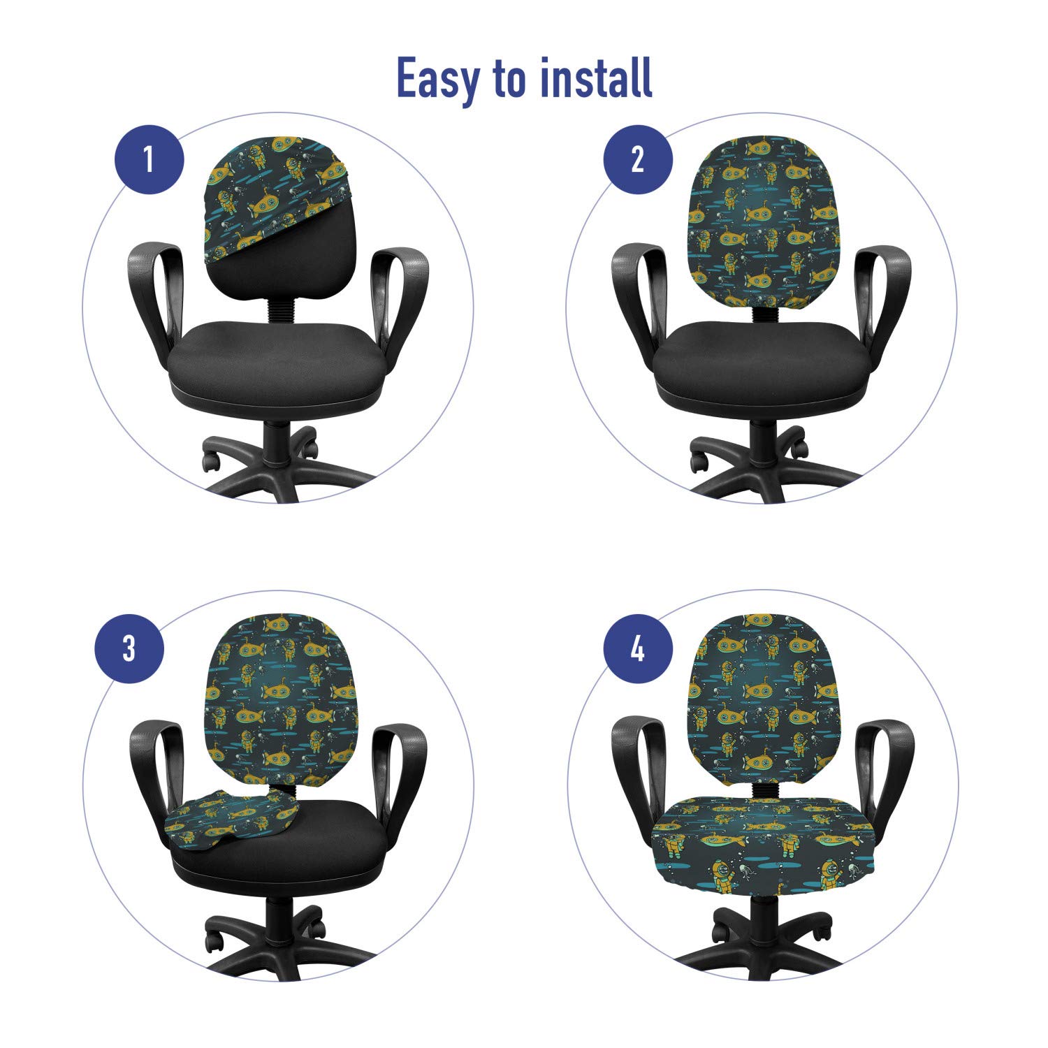 Lunarable Under The Sea Office Chair Slipcover - Submarine & Diver Waving at Jellyfish Cartoon Design with Bubbles, Stretchable Protective Fabric Cover (Standard Size, Green) for Home & Office Decor