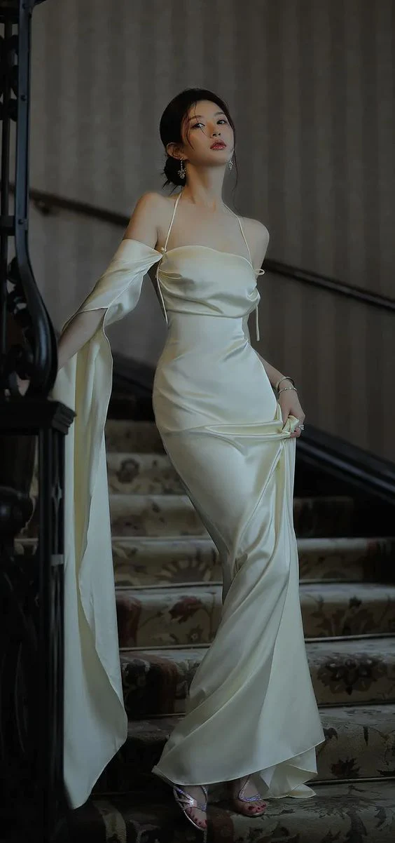 Ivory Satin Sheath Long Prom Dress - Elegant Formal Evening Gown for Homecoming, Wedding, and Black Tie Events - Style J2676
