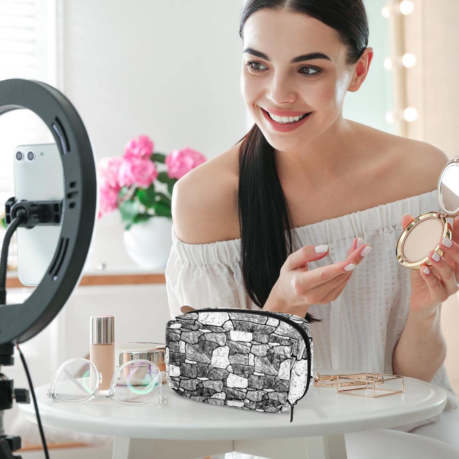Stylish Small Cosmetic Bags for Women - Waterproof Makeup Travel Organizer with Zipper Closure - Perfect for Toiletries, Travel Essentials & Daily Purse Organization (Brick Wall Texture Design)