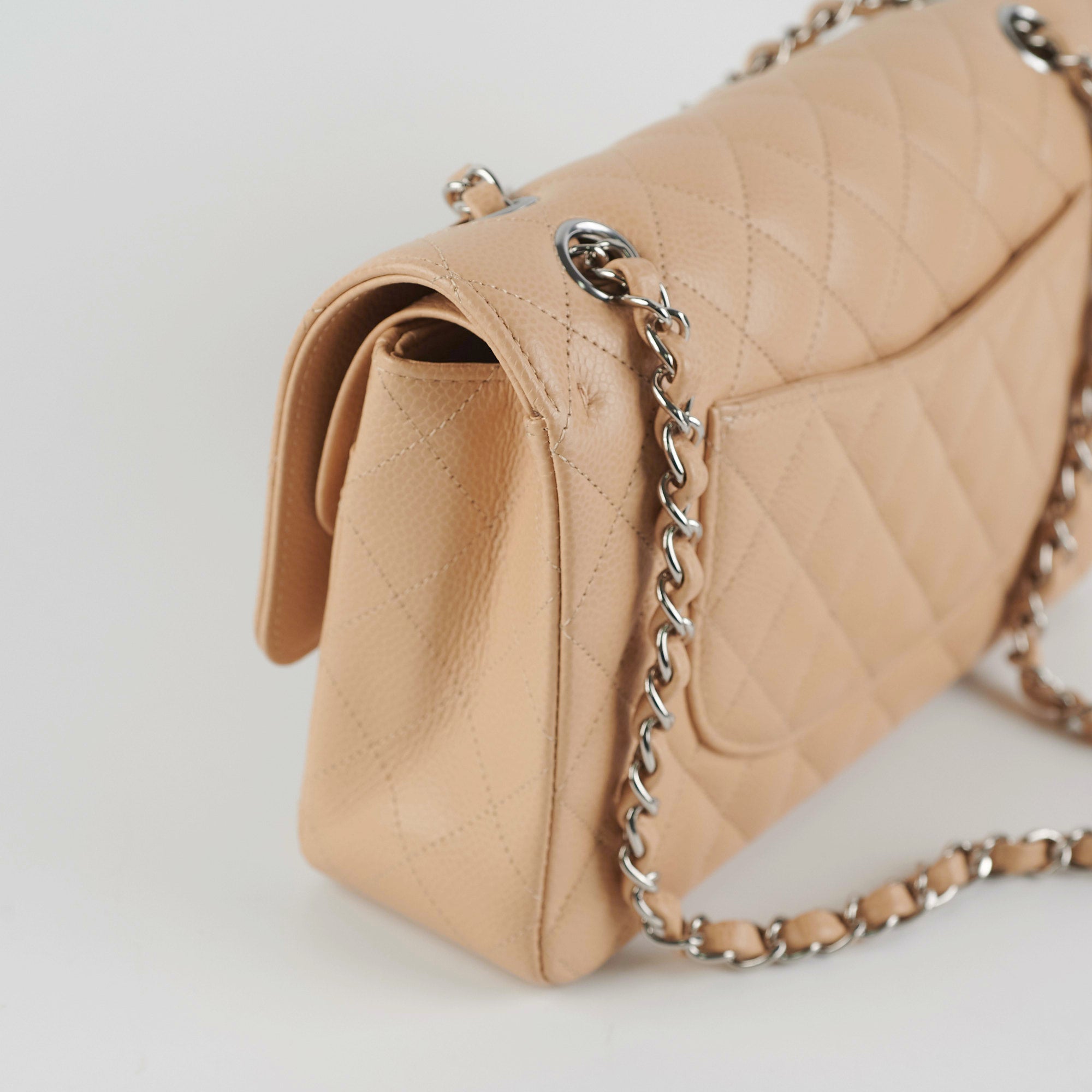 Chanel Classic Flap Bag Medium Size in Beige Caviar Leather with Microchip - 2022 Authentic Luxury Handbag for Women, Perfect for Parties, Work & Everyday Use