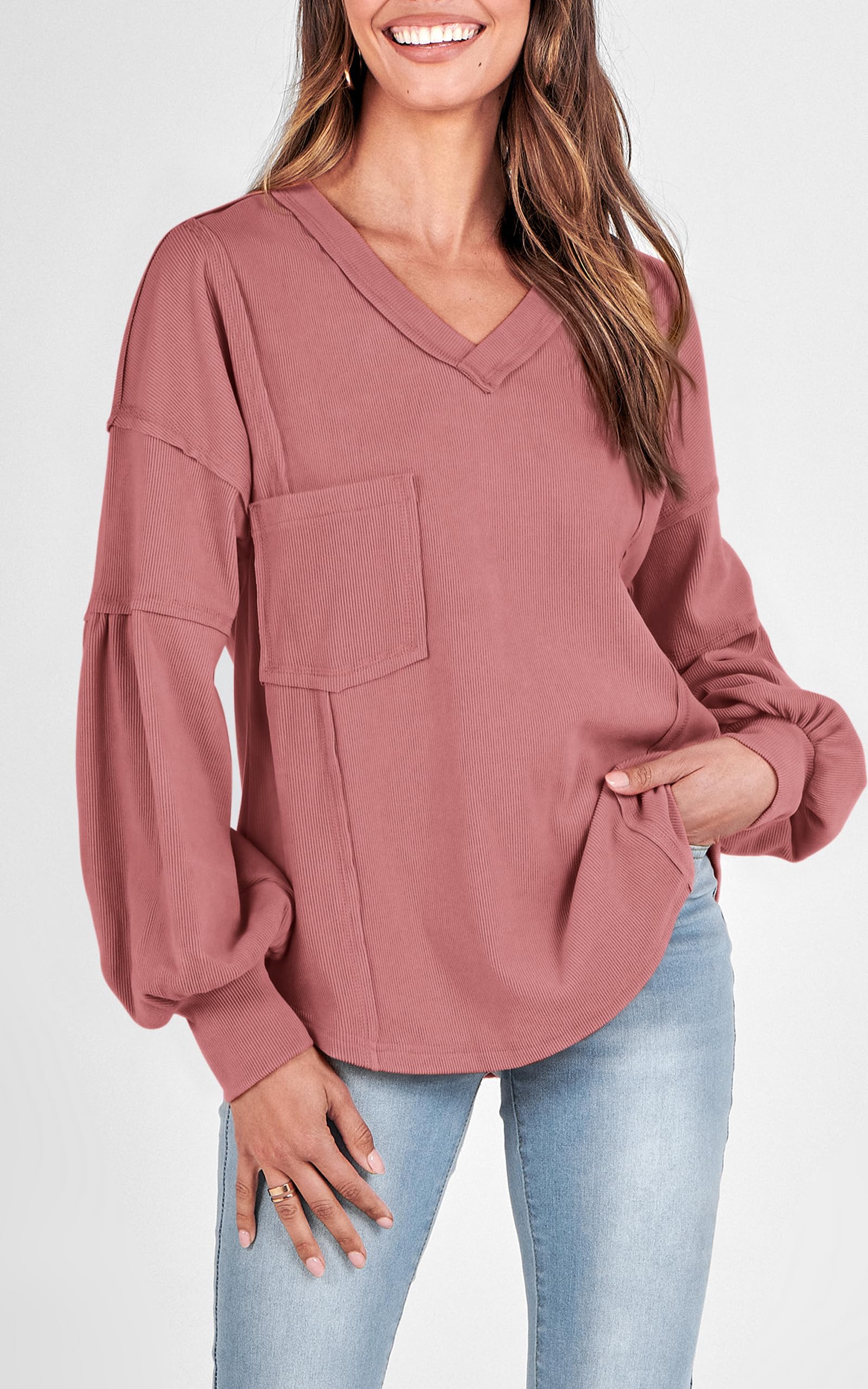 BTFBM Women's Ribbed Long Sleeve T-Shirt - V Neck Pullover Knit Blouse, Loose Fit Tunic Top for Spring & Summer 2025 | Casual Outfits, Layering, Office Wear & Weekend Style