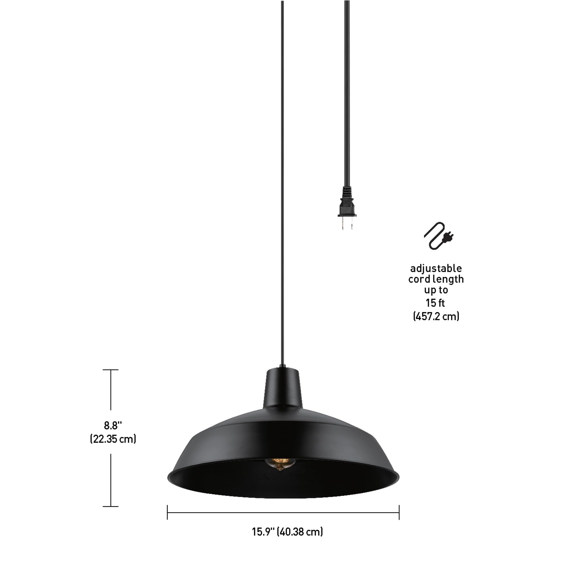 Globe Electric 65151 15ft Black Cord Plug-in Pendant Light with In-Line On/Off Switch - Matte Black Hanging Lamp for Kitchen Island, Dining Room, or Bedroom Ceiling Lighting