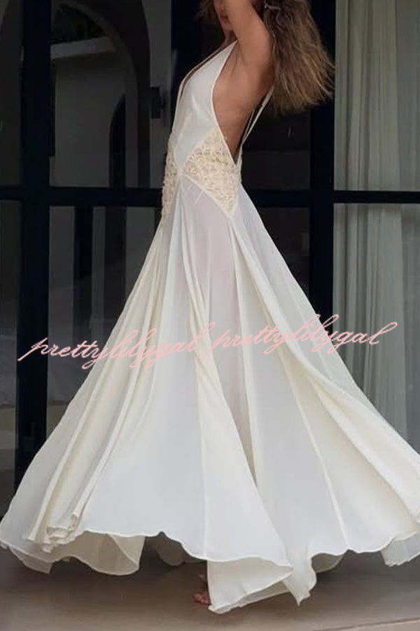 Venus By The Sea Tulle Lace Patchwork Backless Flowy Maxi Dress for Women - Elegant Beach Wedding Guest Dress & Summer Party Gown