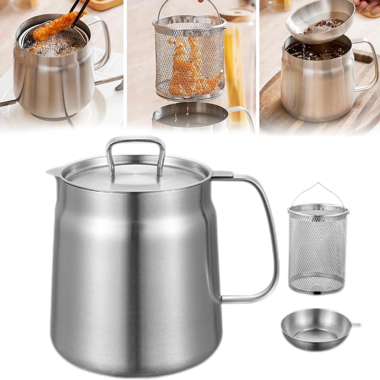 2-in-1 Stainless Steel 304 Oil Filter Pot - Multi-functional Kitchen Oil Strainer & Mini Fryer Filter Cup Combo for Cooking, Frying, and Oil Recycling - Perfect for Home Kitchens, Restaurants, and Food Trucks