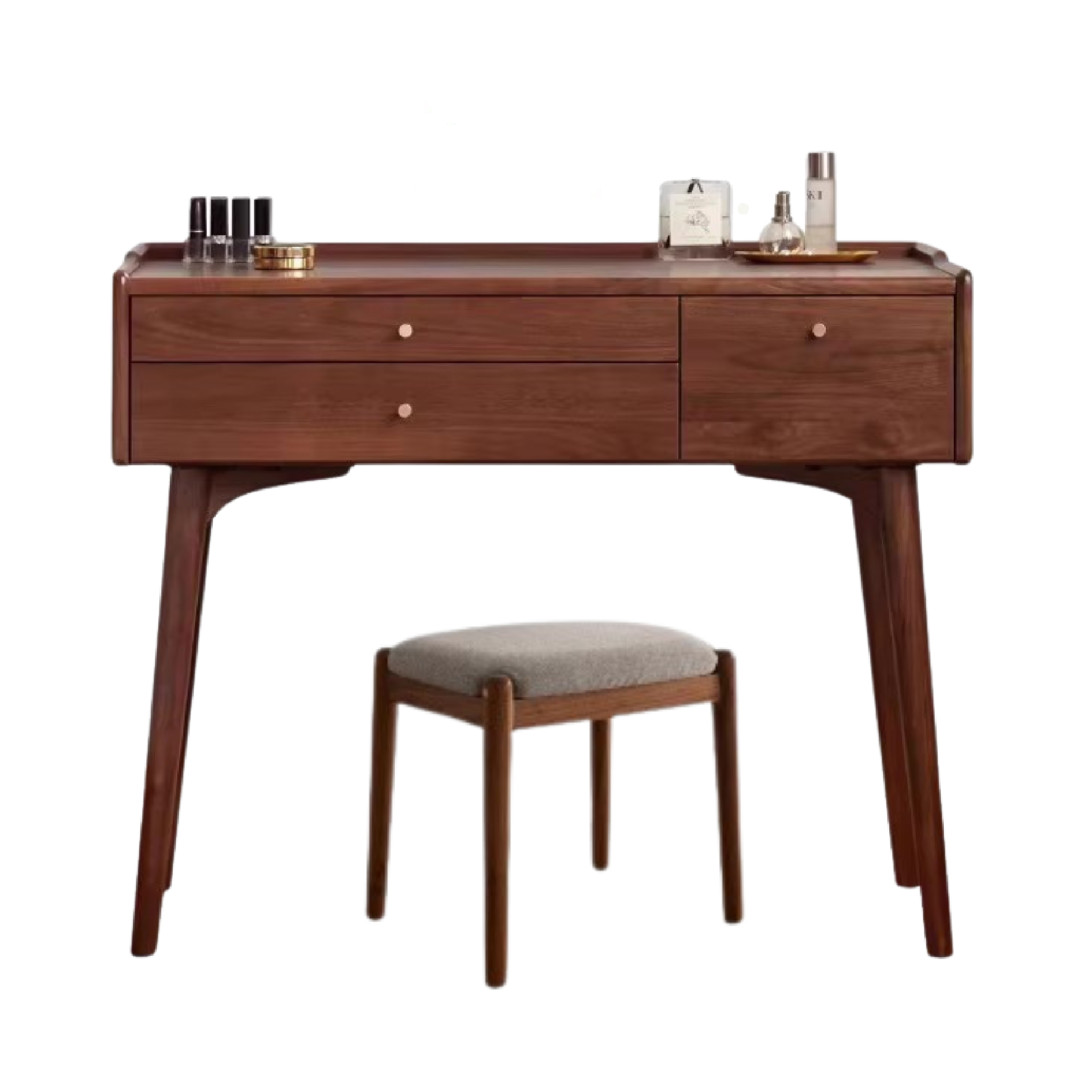 39.4x17.7x31.9 inch/ 100x45x81сm/ Rich Dark Walnut color/ Black Walnut Bethes Dressing Table + Makeup Stool  Linen Gray Set