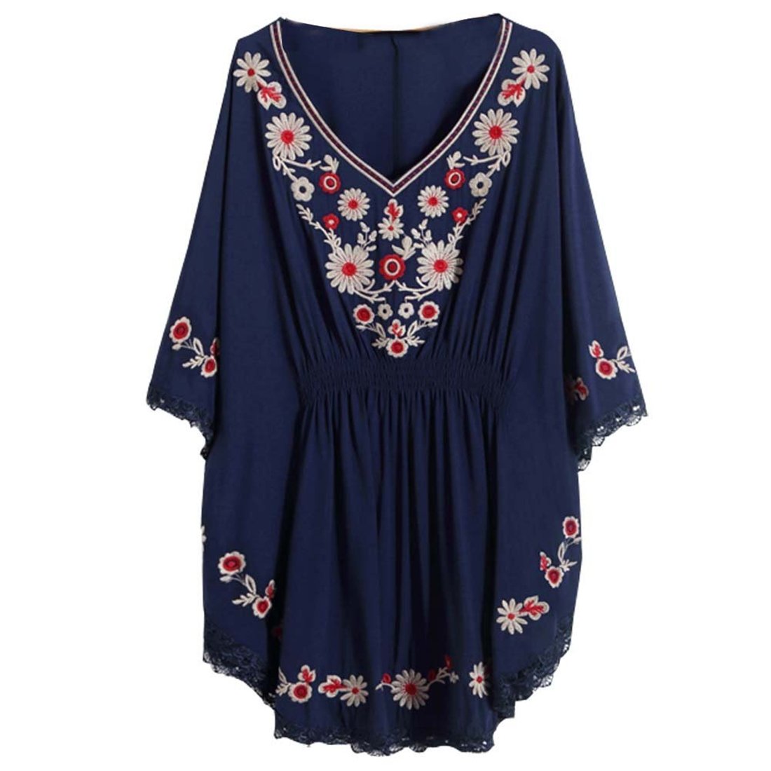 Kafeimali Women's Casual Batwing Peasant Top - Mexican Embroidery Blouse for Boho Chic Style | Perfect for Summer Outfits, Vacations & Festivals