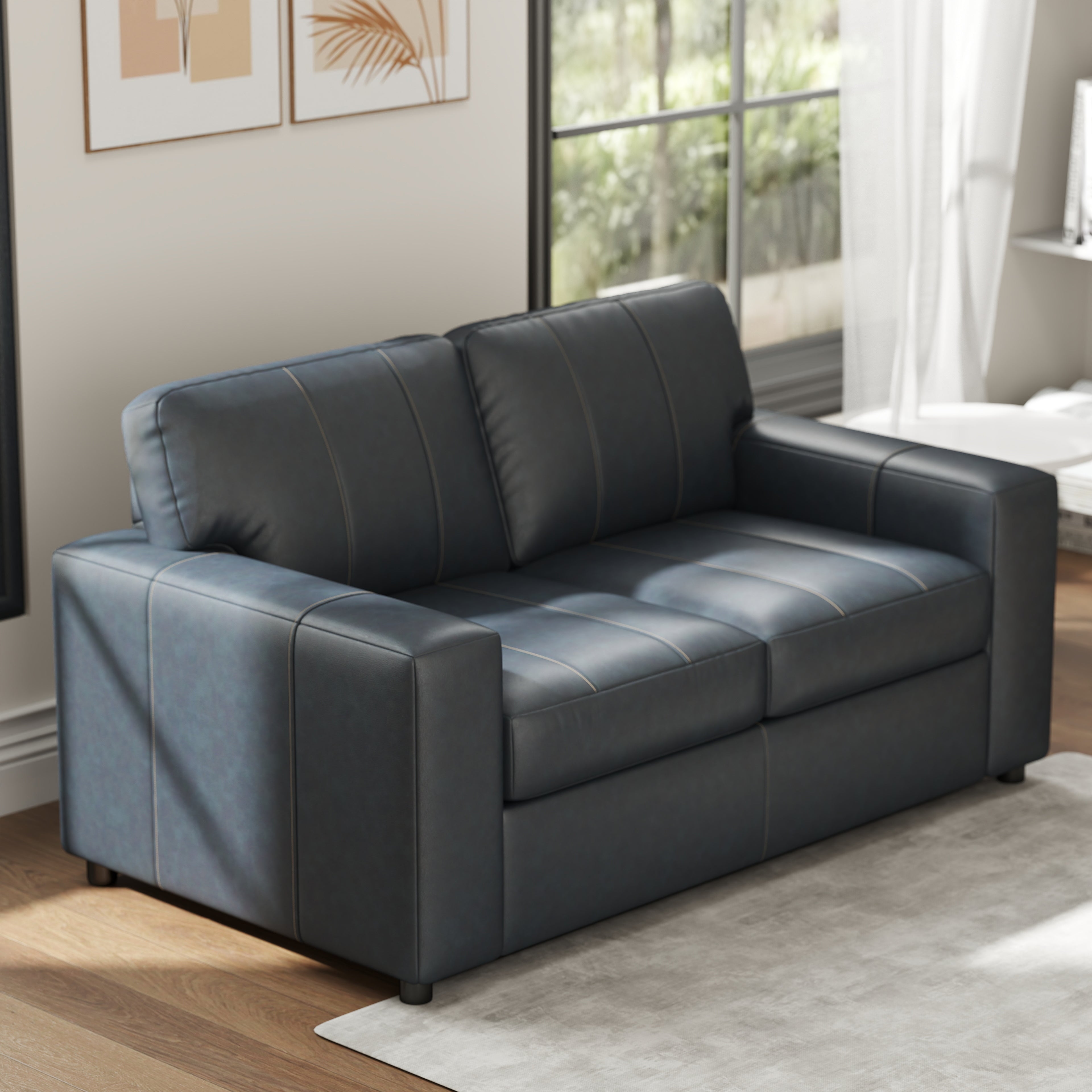 Roundhill Furniture Sakan Genuine Leather Upholstered Loveseat Sofa - Modern Two-Seater for Living Room, Lounge & Office