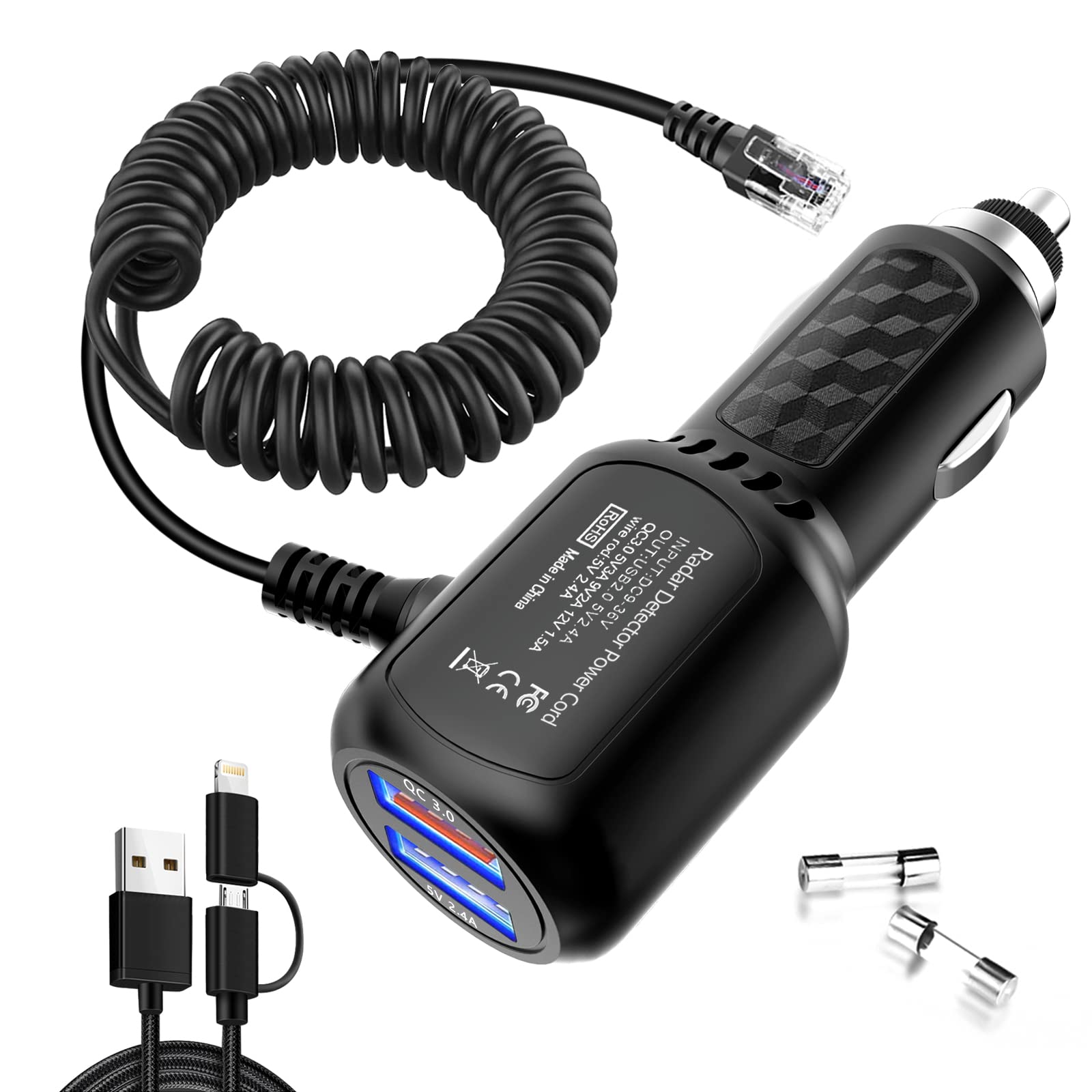 Uniden Escort Valentine Beltronics Passport Cobra Radar Detector Power Cord with Dual USB QC3.0 Fast Charger (RJ11) - Perfect for Road Trips & Highway Driving