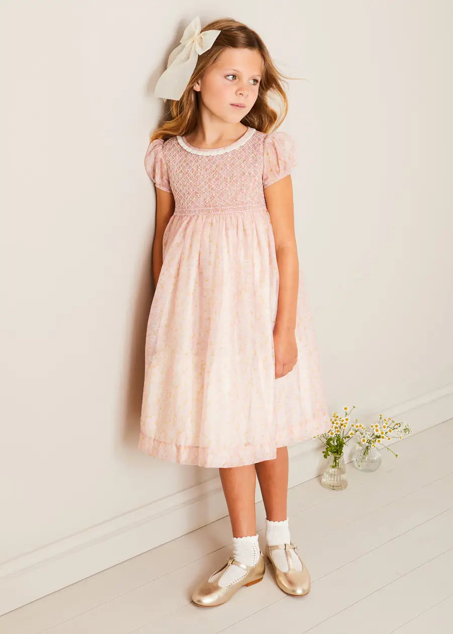 Constance Floral Hand Smocked Short Sleeve Party Dress for Girls in Pink - Sizes 12 Months to 10 Years | Perfect for Birthday Parties, Easter, Christmas & Special Occasions
