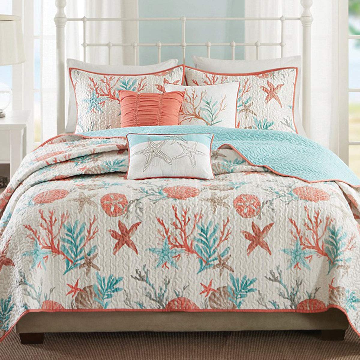 BLACK FOREST DECOR Seashell Bay 6-Piece Coverlet Quilt Bed Set - King/California King Size | Coastal Beach Theme Bedding for Master Bedroom & Guest Room Decor