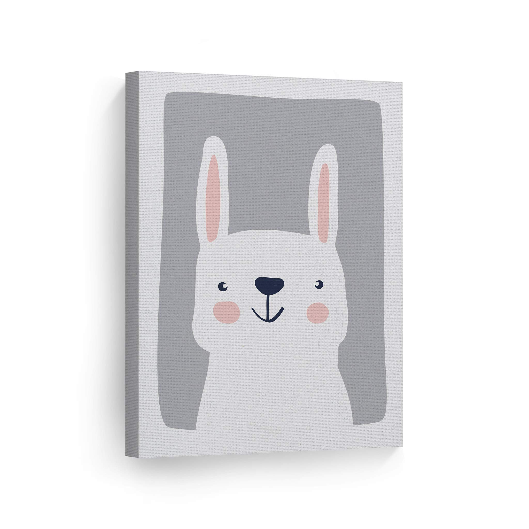 Cute Rabbit Blue Background Canvas Print - Smile Art Design Kids Room Decor, Nursery Wall Art, Baby Room Decor - Ready to Hang 22x15 Inches - Made in USA | Perfect for Children's Bedrooms, Playrooms & Baby Showers