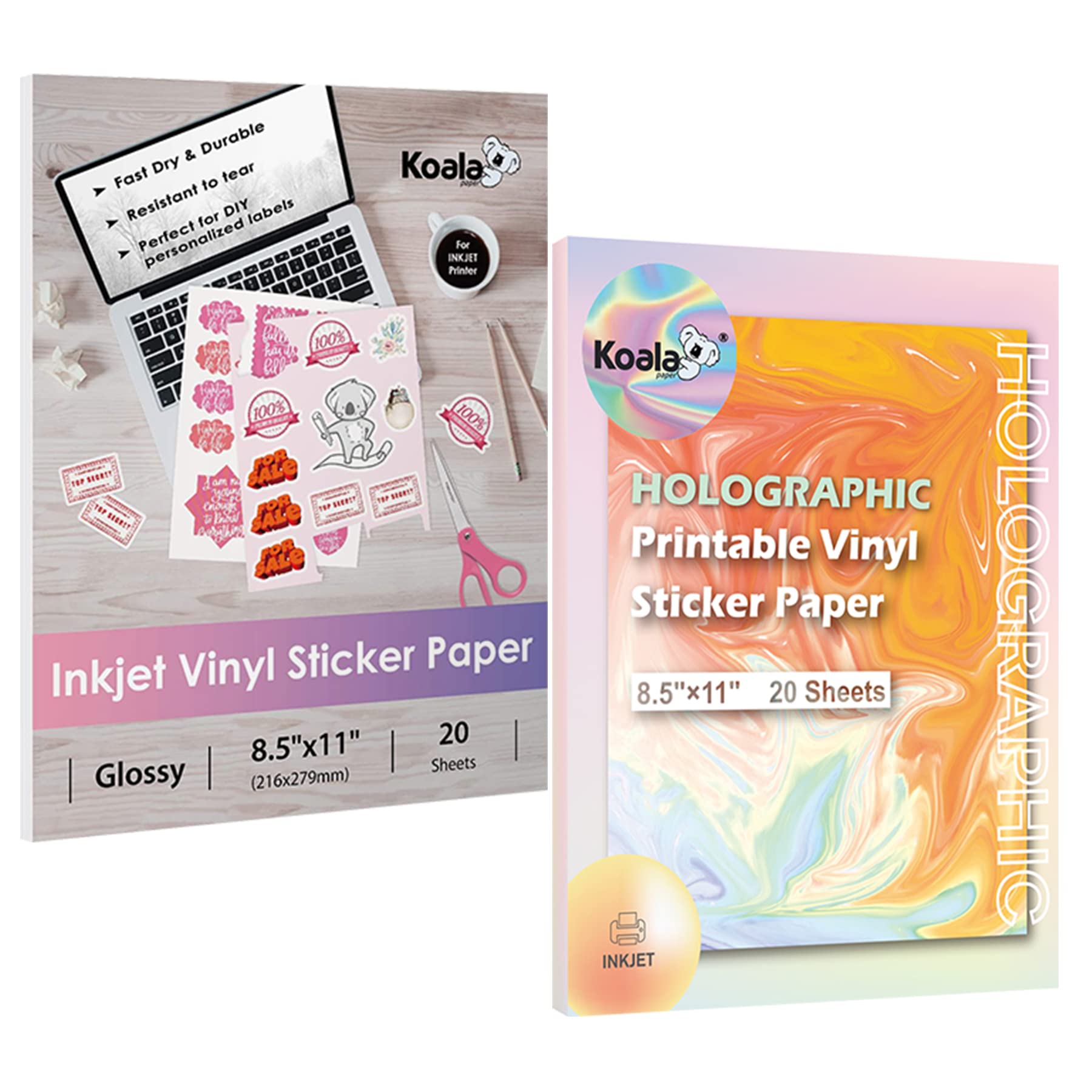 Koala Printable Glossy & Holographic Vinyl Sticker Paper for Inkjet Printers - Waterproof Sticker Bundle Pack for DIY Crafts, Laptop Decals, and Water Bottle Customization