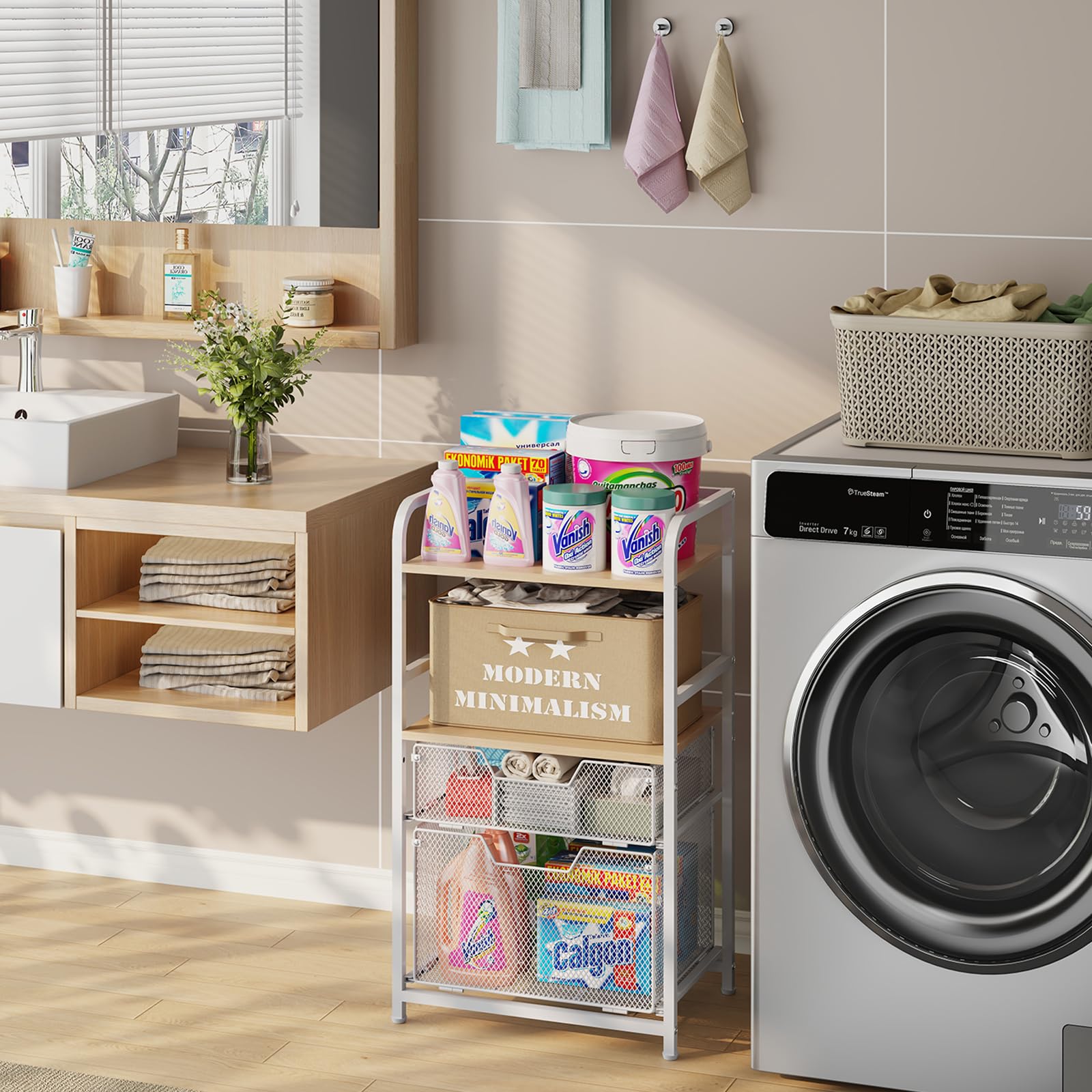 White Freestanding Bathroom Floor Storage Shelf with Drawer - Towel Rack & Makeup Organizer for Skincare, Bedroom, Living Room & Laundry - Perfect for Small Space Organization & Bathroom Decor