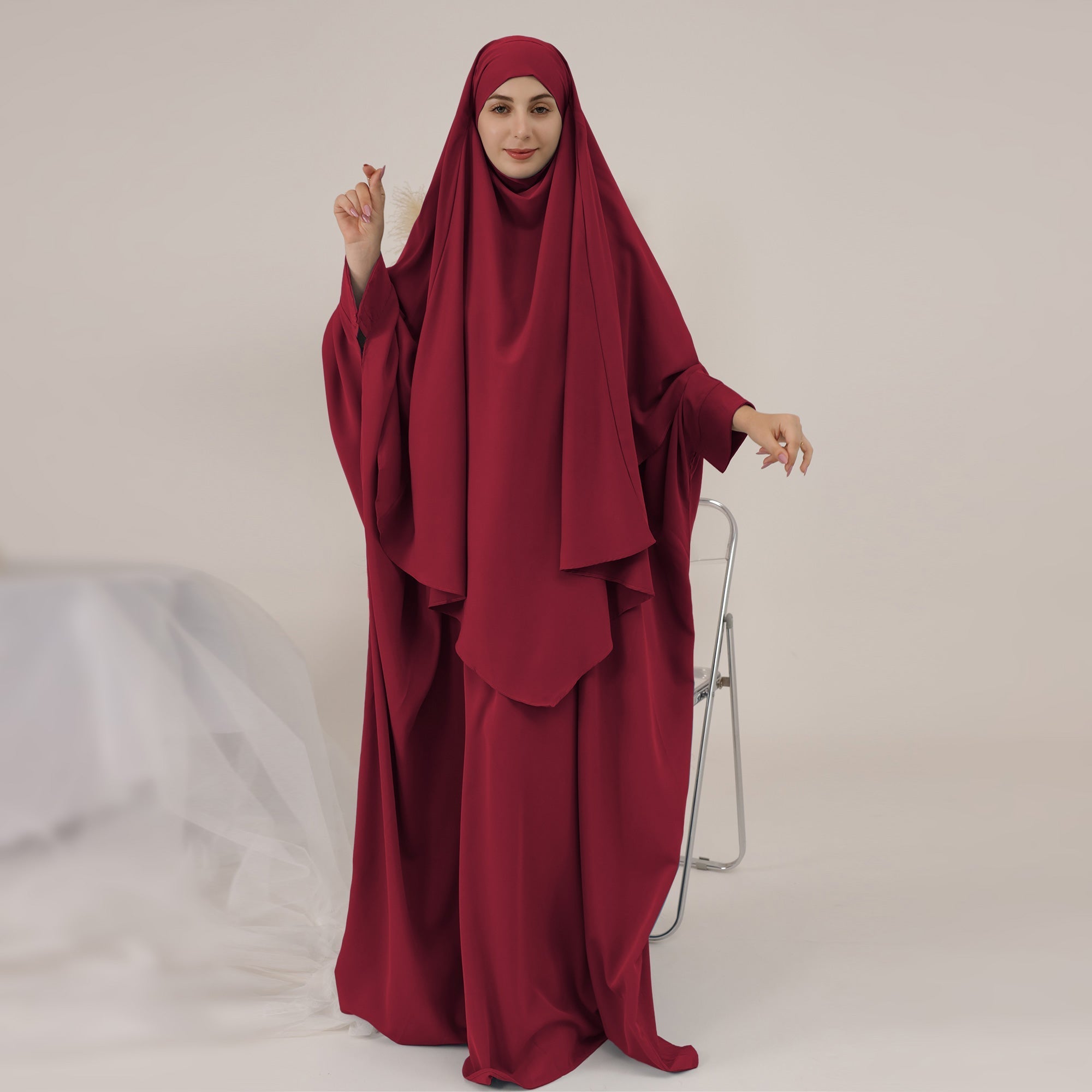 Amira Abaya Set for Women - Elegant Wine Color Islamic Prayer Dress - Perfect for Eid, Ramadan, and Special Occasions
