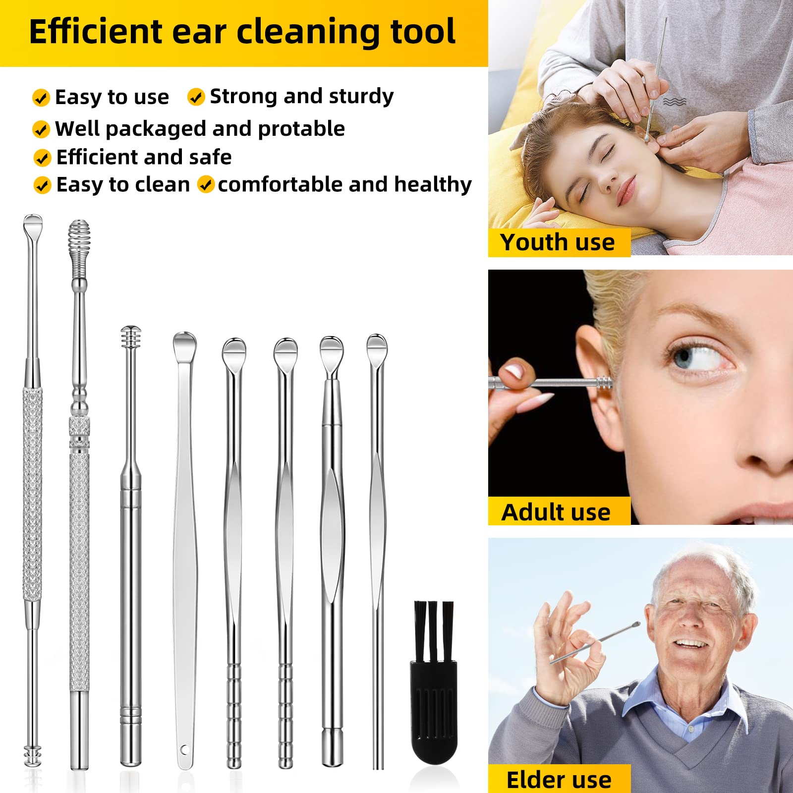 9-Piece Ear Wax Removal Kit - Medical Grade Ear Cleaning Tools with Curette, Brush & Storage Box - Safe for Kids & Adults - Silver | Perfect for Home, Travel & Personal Hygiene Care