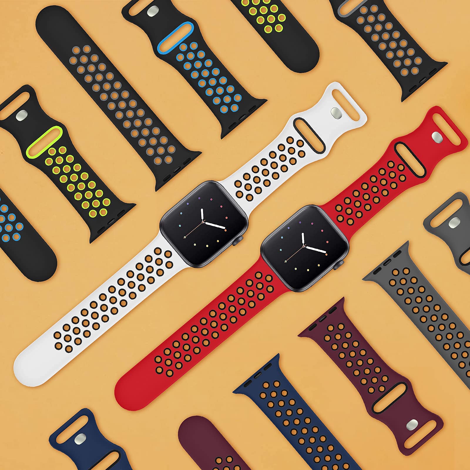 NOY 8 Pack Sport Bands for Apple Watch 42mm 44mm 45mm 46mm 49mm - Breathable Soft Silicone Replacement Straps Compatible with iWatch Series 10/9/8/7/6/5/4/3/2/1/SE/Ultra - Perfect for Running, Gym Workouts & Daily Wear