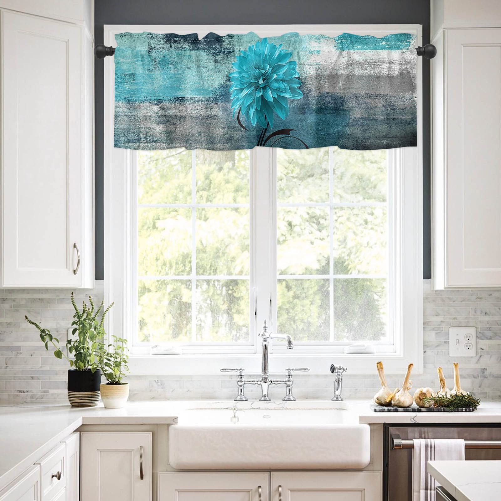 Abstract Graffiti Valance Curtain - Blue Flower for Living Room, Kitchen & Bedroom Decor