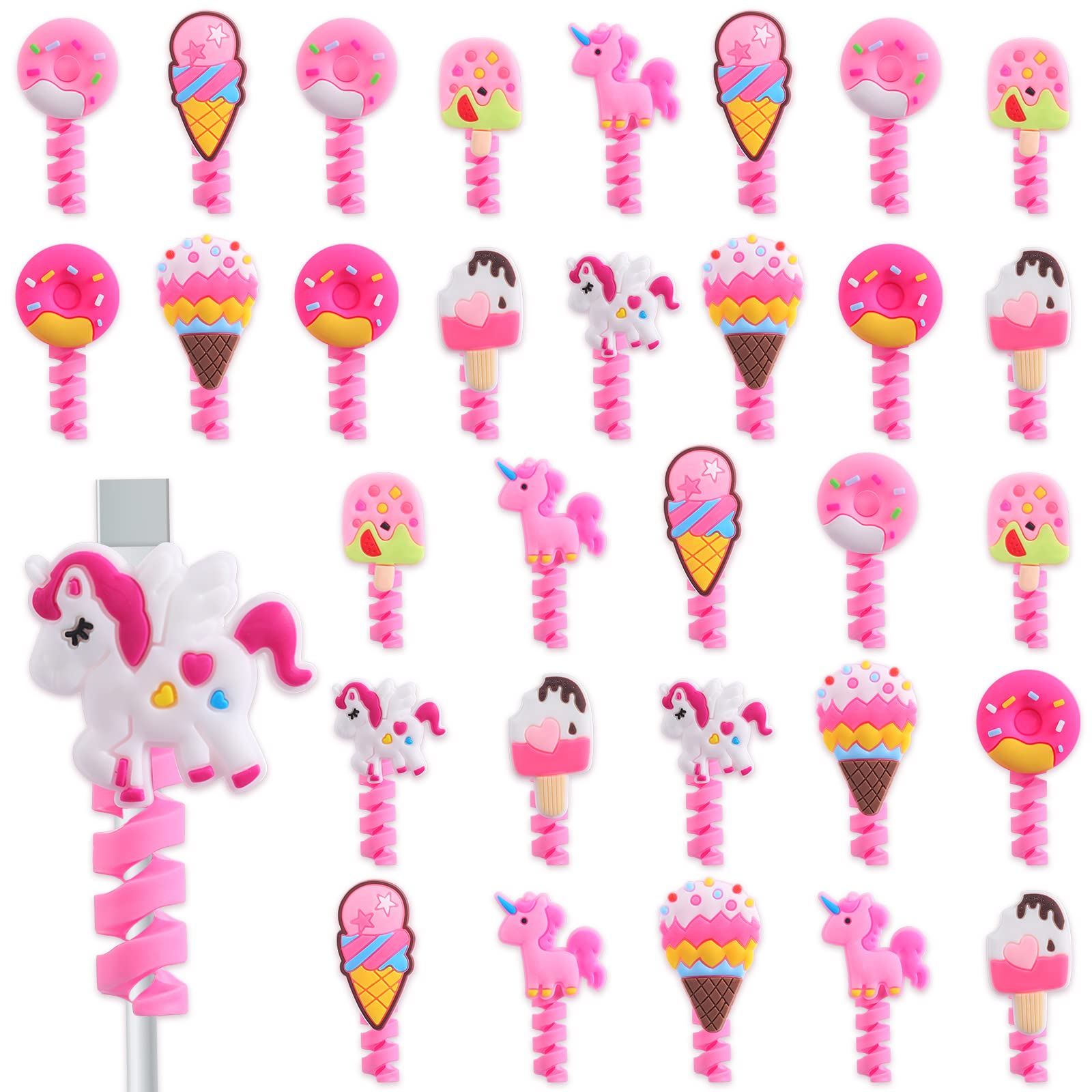 32-Piece Pink Unicorn Donut Ice Cream USB Charger Cable Protectors - Flexible Wire Savers for Kids' Party Favors, Goodie Bag Fillers & Device Protection | Perfect for Birthday Gifts, School Treats & Electronic Accessories