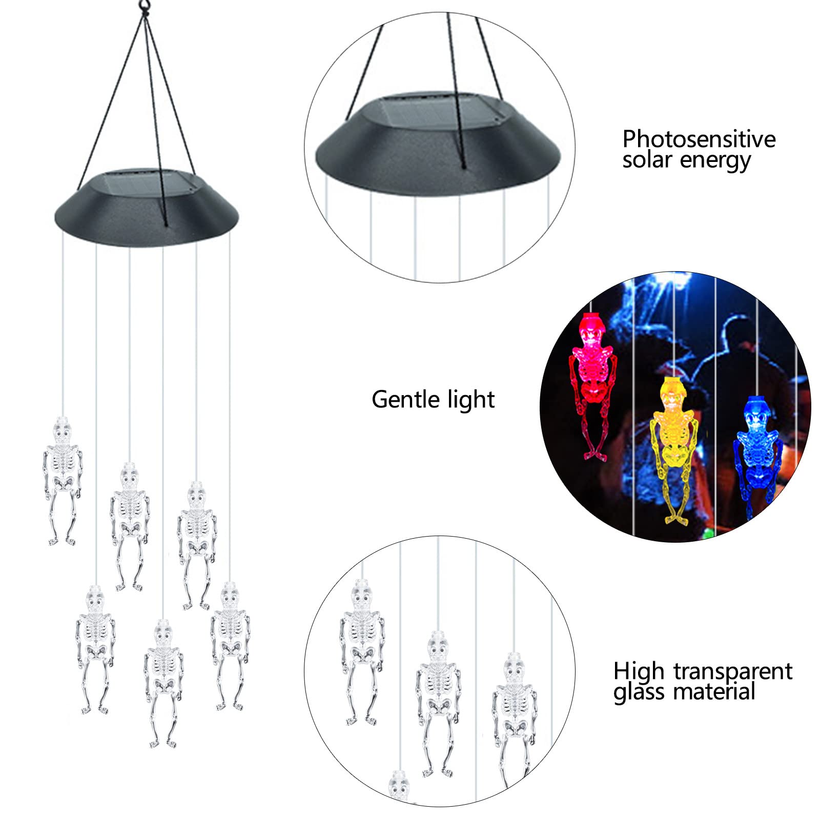 Solar-Powered Halloween LED Skull Lamp & Wind Chime Light - Outdoor/Indoor Decor for Yard, Garden, Pathway | Spooky Party, Porch, Window, Haunted House Decorations