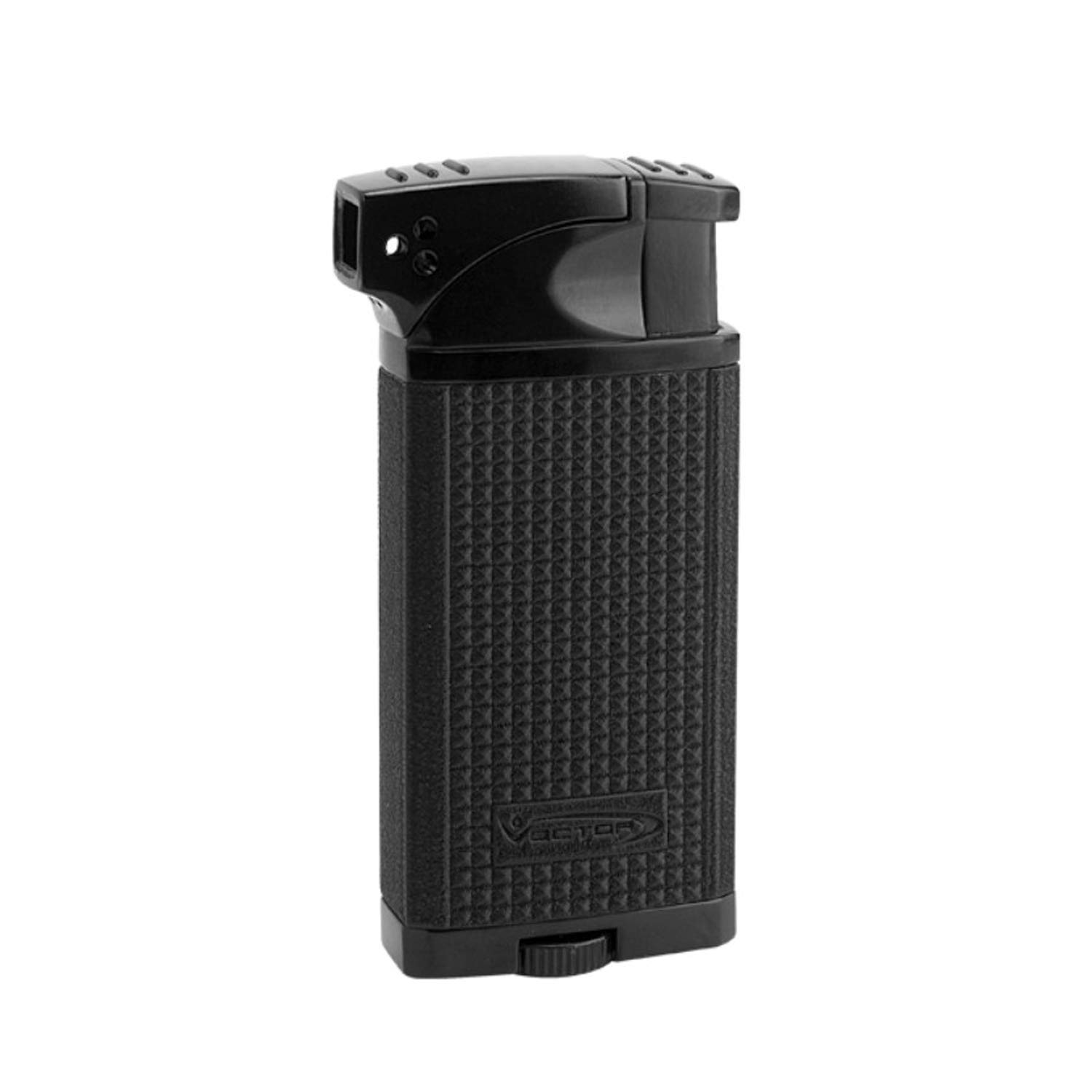 Vector KGM Duke Dual Flame Butane Lighter - Black Crackle Matte Finish - Windproof Refillable Lighter for Cigars, Pipes & Outdoor Use
