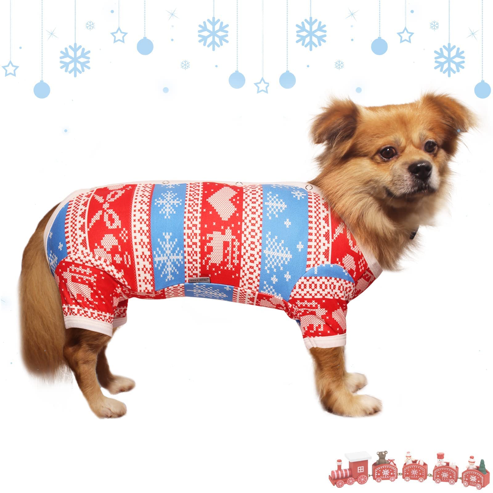 TONY HOBY Dog Pajamas for Small & Medium Dogs - Cozy Winter Dog Jumpsuit with Snowflake Pattern, Warm Pet Shirts (Red & White, Girl, L) - Perfect for Indoor Sleeping & Cold Weather Outfits