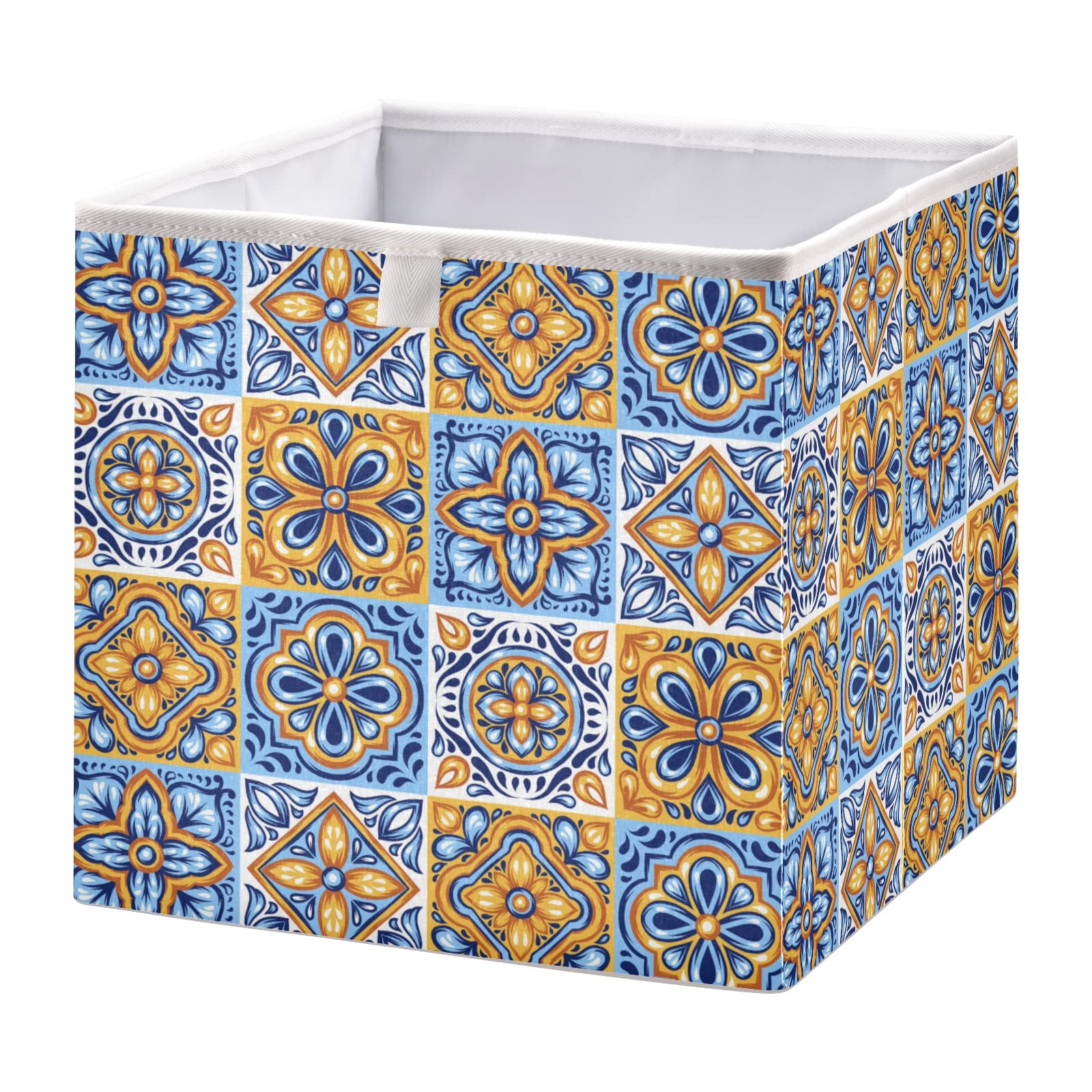 Italian Mexican Ceramic Tiles Blue Gold Orange Ethnic Folk Art Rectangular Storage Basket - Collapsible Foldable Organizer Bin for Toys, Clothes, Nursery | Easy to Assemble for Home Decor & Gift Giving