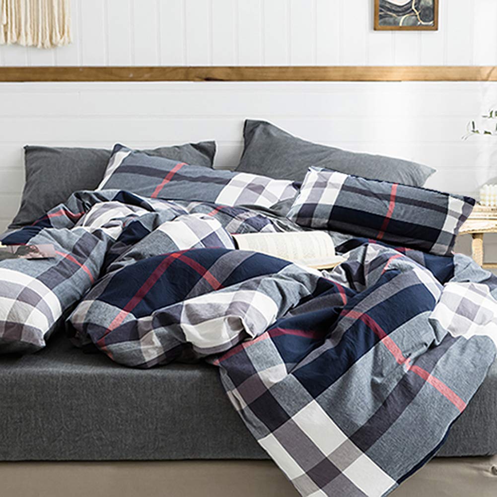 King Size Navy Blue Plaid Comforter Set - Lightweight Buffalo Check Cotton Bedding with Red & White Grid Pattern | Super Soft Blue Checkered Duvet Cover for Men, Boys & Adults | Perfect for Bedroom, Dorm, Guest Room & Cozy Winter Nights